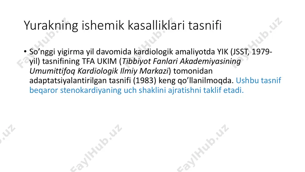 nokardiyasi. bemorlarda o’tgan oy davomida anginoz xurujlari bo’lgan, faqat oxirgi 48 soat ichidagisi hisoblanmaydi. • iii sinf. o’tkir tinch holat stenokardiyasi. tinch holatda oxirgi bemorlarda bir yoki bir necha anginoz xurujlar kuzatilgan. beqaror stenokardiyaning yuzaga kelishi sharoitlari bo’yicha tasnifi • a sinf. ikkilamchi beqaror stenokardiya. beqaror stenokardiya ishemiyani og’irlashtiradigan omillar mavjudligida rivojlangan (anemiya, isitma, infektsiya, gipotenziya, nazoratsiz gipertenziya, taxiaritmiya, tireotoksikoz, nafas olish yetishmovchiligi) bemorlar. • b sinf. ikkilamchi beqaror stenokardiya. kasallik ishemiyani og’irlashtiradigan omillarsiz rivojlangan bemorlar. • c sinf. erta postinfarktli beqaror stenokardiya. kasallik o’tkir miokard infarktining dastlabki 2 haftasi ichida rivojlangan bemorlar. beqaror stenokardiyaninng yuzaga kelganida davolash chora- tadbirlari mavjudligi bo’yicha tasnifi 1. davolash minimal yoki umuman bo’lmaganida. 2. adekvat terapiya fonida. 3. antianginal dorilarning barcha uch guruhi bilan davolash fonida, jumladan, vena ichiga nitroglitserin kiritish. stenokardiyani davolash stenokardiyani davolashning maqsadlari: • miokard infarkti va o’limining oldini olish yo’li bilan kasallik oqibatini yaxshilash; • alomatlarni kamaytirish yoki bartaraf qilish. …