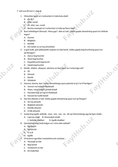 7-sinf ona tili test 4-chorak — DOCX
