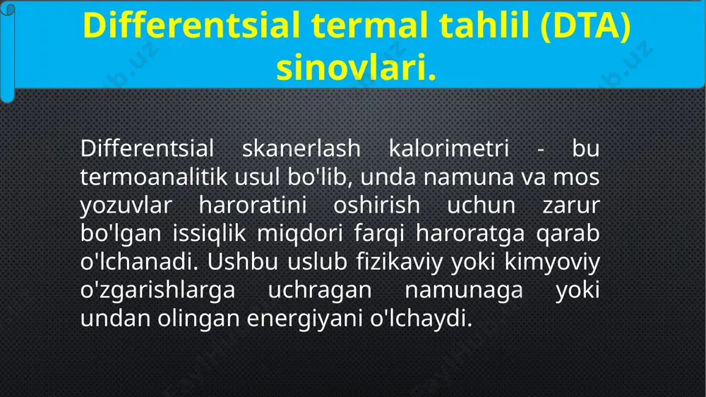 adigan namunalar uchun yacheykalar yuqori samarali natijalarni olinishini ta minlaydi. termogravimetrik tahlil (тgt) 10 c c netzsch kompaniyasining tga uchun muljallangan asbob uskunalari raqamli yuqori sezuvchan tarozi, namunalarni yuqoridan joylashtiradigan vertikal konstruktsiya va to'g'ridan-to'g'ri harorat o'lchash imkoniyatiga ega jihozlar bilan jihozlangan. sinxron termik tahlil (sтt) тга-дта/tгa-dск/tгa -150 c c stt (sinxron termik tahlil) bitta qurilma differensial skanerlovchi kalorimetriya va termogravimetriya usullarini birlashtiradi. stt yordamida butunlay bir xil sharoitlarda issiqlik oqimini va massa o'lchov birliklarini aniqlash mumkin. sta 449 f1 jupiter uskunasini qullanilish sohalari plastmassa, kauchuk, rezina, tolalar, qoplamalar, yog'lar, kulolchilik sohasi, shisha, tsement, issiqlik qaytaruvchi materiallar, metallar, yoqilg'i, dori-darmon, oziq-ovqat, va hokazo. uchun muljallangan asbob-uskunalarning kengaytirilgan sharhi ajralib chiqadigan gazlar tahlili kvadrupol mass spektrometri (qms 403 aëolos yoki skimmer ), gc/ms va bruker optics kompaniyasining furye-iq spektrometri bilan jihozlangan termik tahlil uchun muljallangan har qanday uskuna gaz mahsulatlarini aniqlash va identifikatsiya qilish uchun muljallangan tajriba vazifalarini bajarishi mumkin. dilatometriya (dil) …