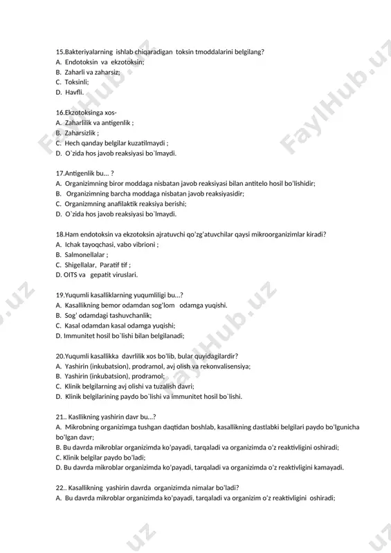 emor odamdan sog’lom odamga yuqishi. b. sog’ odamdagi tashuvchanlik; c. kasal odamdan kasal odamga yuqishi; d. immunitet hosil bo`lishi bilan belgilanadi; 20.yuqumli kasallikka davrlilik xos bo’lib, bular quyidagilardir? a. yashirin (inkubatsion), prodramol, avj olish va rekonvalisensiya; b. yashirin (inkubatsion), prodramol; c. klinik belgilarning avj olishi va tuzalish davri; d. klinik belgilarining paydo bo`lishi va immunitet hosil bo`lishi. 21.. kasllikning yashirin davr bu…? a. mikrobning organizimga tushgan daqtidan boshlab, kasallikning dastlabki belgilari paydo bo’lgunicha bo’lgan davr; b. bu davrda mikroblar organizimda ko’payadi, tarqaladi va organizimda o’z reaktivligini oshiradi; c. klinik belgilar paydo bo’ladi; d. bu davrda mikroblar organizimda ko’payadi, tarqaladi va organizimda o’z reaktivligini kamayadi. 22.. kasallikning yashirin davrda organizimda nimalar bo’ladi? a. bu davrda mikroblar organizimda ko’payadi, tarqaladi va organizim o’z reaktivligini oshiradi; b. mikrobning organizimga tushgan davrdan boshlab, kasallikning dastlabki belgilari paydo bo’lgunicha bo’lgan davr; c. bu davrda mikroblar organizimda ko’payadi, tarqaladi va organizimda o’z reaktivligini oshiradi; d. klinik …