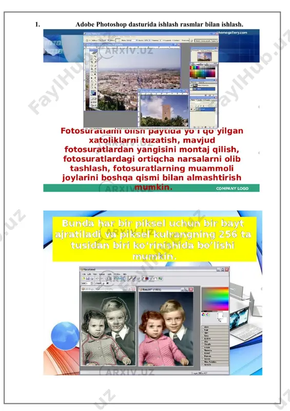 bilishi ular uchun qo'shim­cha imkoniyatlarni yaratib beradi. 1. adobe photoshop dasturida ishlash rasmlar bilan ishlash. 1. adabiyotlar ro’yxati 2. ―fundamentals of library and informational science‖, by abduwahab olanrewaju issa, ph.d in 2013, pages – 133. 3. harris, m.h. history of libraries in the western world, 4th ed. (scarecrow, 2011) 4. s.rahmonqulov “ibm pc shaxsiy kompyuterida ishlash”, т.: “sharq”, 1998. 5. a. axmedov n. taylaqov “informatika”, toshkent “o’zbekiston”, 2001. 6. a. abduqodirov va boshqalar “informatika”, т.: “me’ros”. 2002. 7. a. sattorov «informatika va axborot texnologiyalari» toshkent «o’qituvchi», 2002. 8. http://www.microsoft.com/ 9. http://www.ziyonet.uz/ 9.http://www.ref.uz/ lokal tarmoqqa xizmat ko`rsatish diplom ish internet resurslar 1. http://en.wikipedia.org/wiki/library_science 2. http://www.rocket-library.com/) 3. http://en.wikipedia.org/wiki/list_of_libraries