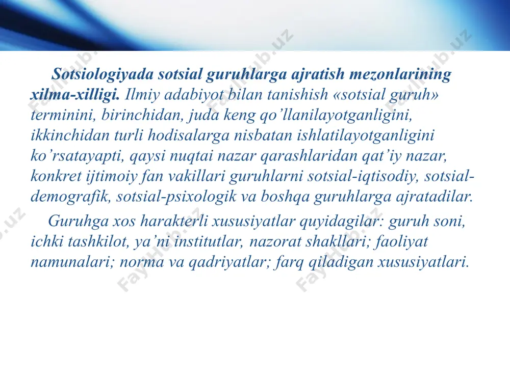 iga qarab esa birlamchi va ikkilamchi guruhlarga, guruhga a’zo bo’lish va bo’lmasligiga qarab a’zoli va referent guruhlarga bo’linadi. sanab o’tilgan guruhlarni birma-bir ko’rib chiqamiz. rasmiy guruhlar - bu huquqiy statusga ega bo’lgan sotsial institut, tashkilot qismi hisoblanadigan mavjud institut, tashkilotdagi mehnat doirasida aniq maqsadga ega bo’lgan sotsial guruhlardir. rasmiy guruhlarga quyidagi belgilar xos: aniq va ischil maqsad, ierarxiyaga asoslangan aniq funktsiyalar, ma’lum qoidalarga muvofiq keladigan huquq va burchlar, a’zolar o’rtasidagi rasmiy munosabatlar, guruh faoliyatini nazorat qiladigan rasmiy institutning mavjud bo’lishi va boshqalar. norasmiy guruhlar, ko’pincha bunday guruhlar «psixologik guruhlar» yoki «sotsial psixologik guruhlar» deb ataladi. chunki bu guruhlarning tashkil topish zaminida guruh a’zolari o’rtasidagi psixologik, hissiy munosabatlar yotadi. norasmiy guruhlarning paydo bo’lishida vaziyat va umumiy mafaatlar majmui muhim rol o’ynaydi. shuning uchun ham bu guruhlarni ba’zan, manfaat yuzasidan tuzilgan guruhlar ham deb atashadi. odamlar ehtiyojlari turli-tuman bo’lganligi sababli norasmiy guruhlar mavjud. birlamchi guruhning xarakterli belgilari quyidagilardan iborat: a’zolar sonining kamligi, …