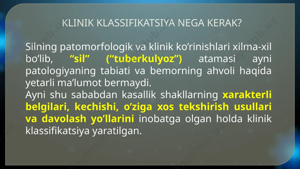 ir xillikni va ko'rsatkichlarni taqqoslash imkoniyatini ta'minlaydi. axborotni kodlash uni kompyuterda har tomonlama qayta ishlash imkoniyatini yaratadi. icd-10 bo’yicha sil kasalligi a15 dan a19 gacha kodlar bilan belgilandi a15 – nafas olish a’zolari sili (bk+) a16 – nafas olish a’zolari sili (bk-) a17 – nerv sistemasi sili a18 – boshqa a’zolar sistemasi sili a19 – miliar sil* * - bu tasnifga yillar davomida o’zgartirish va qo’shimchalar kiritilib kelinadi. tasniflash 4 ta asosiy bo’limdan iborat 1. sil kasalligining klinik shakllari 2. sil kasalligi jarayonining xususiyatlari 3. sil kasalligining asoratlari 4. davolangan sil kasalligidan keyingi qoldiq o'zgarishlar tasniflash 4 ta asosiy bo’limdan iborat sil kasalligining klinik shakllari sil kasalligi jarayonining xususiyatlari sil kasalligining asoratlari davolangan sil kasalligidan keyingi qoldiq o'zgarishlar i guruh bolalar va o‘smirlarning tuberkulyozdan zaharlanishi ii guruh nafas aʼzolari tuberkulyozi 010.0 birlamchi tuberkulyoz kompleksi 010.8 ko‘krak ichi limfa tugunlari tuberkulyozi 018.0 miliar tuberkulyoz 018.0 tarqoq tuberkulyoz 011.1 o‘choqli tuberkulyoz 011.0 …