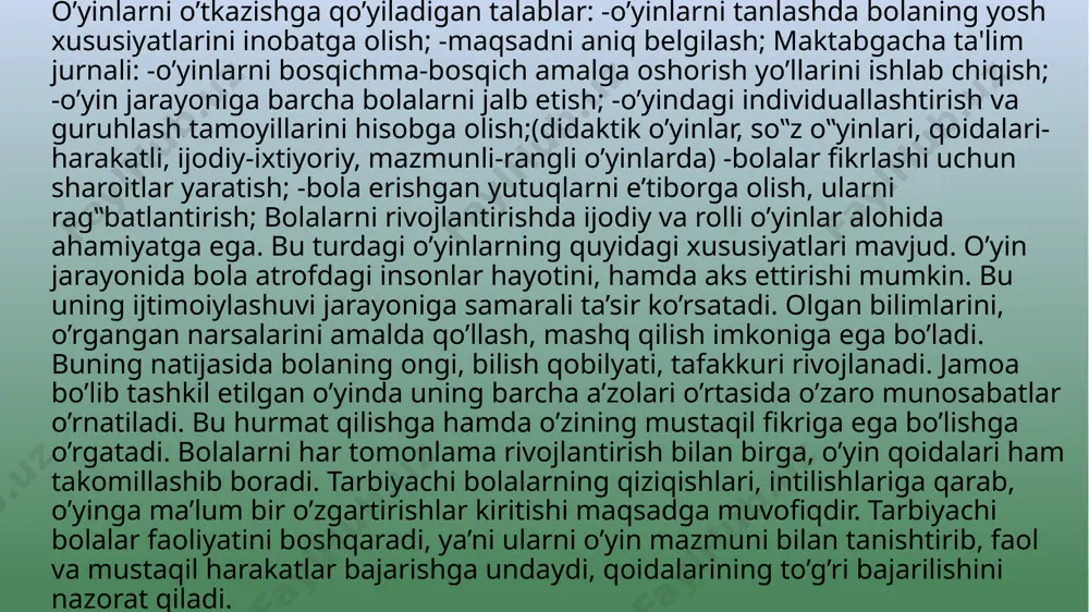 . o‟yinni tashkil etish va boshqarish jarayonida tarbiyachi bola har tomonlama ijobiy ta‟sir ko‟rsatadi. tarbiyalanuvchilarning idrok, diqqat, xotira, tafakkur, ijodiy qobilyatlarini rivojlantirishda matematik o‟yinlardan foydalanish yaxshi samara beradi. matematik o‟‟yinlarning maqsadlari asosan quyidagilarga qaratilgan bo‟ladi.: 1. son va sanoq bilan tanishtirish. 2. vaqt haqidagi va fazoviy tasavvurlarni rivojlantirish 3. geometrik shakllar bilan tanishtirish 4. mantiqiy tafakkurni rivojlantirish son va sanoq bilan tanishtirishda “qanday raqam yo‟qolib qoldi?”, “xatoni top”, “raqamning qo‟shnilarni toping”, “sanaganda adashma” va hokazo. bunday o‟yinlar yordamida bola birdan o‟ngacha va o‟ndan birgacha bo‟lgan raqamlar ketma-ketligini esda saqlab qoladi. elementar hisoblarni bajarishga o‟rganadi, tafakkuri rivojlanadi. hafta kunlarini yaxshi eslab qolishlari uchun har bir kun ma‟lum bir rangdagi doiracha bilan belgilanadi. masalan, dushanba-sariq, seshanba-oq va maktabgacha ta'lim jurnali: https://presedu.jspi.uz/index.php/presedu/index hokazo. buning uchun har kuni doskaga ma‟lum bir rangdagi doiracha yopishtirib boriladi. uch-to‟rt haftadan keyin bolalar kunlar ketma-ketligi o‟zgarmas ekanligi haqida o‟zlari xulasa chiqaradilar. fazoviy tasavvurlar o‟yinlar orqali tushuntirilsa (chapda, o‟ngda, …
