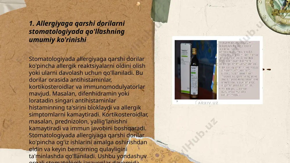 matologlar lateksga allergik reaktsiyalarni rivojlantiradi. profilaktika uchun maxsus testlar orqali sezuvchanlikni tekshirish kerak. ... t.me/slaydai_bot tish davolash jarayonlarida allergik reaksiyalarni oldini olish uchun bir qator choralar ko‘rilishi lozim. bemordan to‘liq allergik anamnez olish juda muhim, bu tibbiy vositalar va materiallarga mumkin bo‘lgan reaktsiyalarni aniqlashga yordam beradi. shuningdek, zamonaviy diagnostika usullari, masalan, teri sinovlari yoki in vitro testlari orqali potentsial allergenlar aniqlanishi kerak. antihistamin va kortikosteroidlar allergik reaktsiyalarning oldini olish vositalari bo‘lib, zarurat tug‘ilganda qo‘llanilishi mumkin. dental materiallar, masalan, lateks yoki akrilga muvofiq o‘rinbosarlar tanlanishi kerak, chunki bu materiallar ko‘pincha allergik reaksiyalarga sabab bo‘ladi. har bir dental protsedura vaqtida havfsizlik protokollariga rioya qilish shart. ... t.me/slaydai_bot 7. antiallergik vositalarning stomatologik foydalanishda yan ta’siri antiallergik vositalar stomatologiyada allergik reaktsiyalarni kamaytirish uchun ishlatiladi. lekin ularning ba'zi nojo'ya ta'sirlari mavjud. antihistamin preparatlar og‘iz qurishi va ta’m o‘zgarishlari keltirib chiqarishi mumkin. ba'zi antiallergik dorilar, masalan, kortikosteroidlar, uzoq muddatli qo‘llanganda milklarning shishishi va suyak to‘qimasining zaiflashishiga …