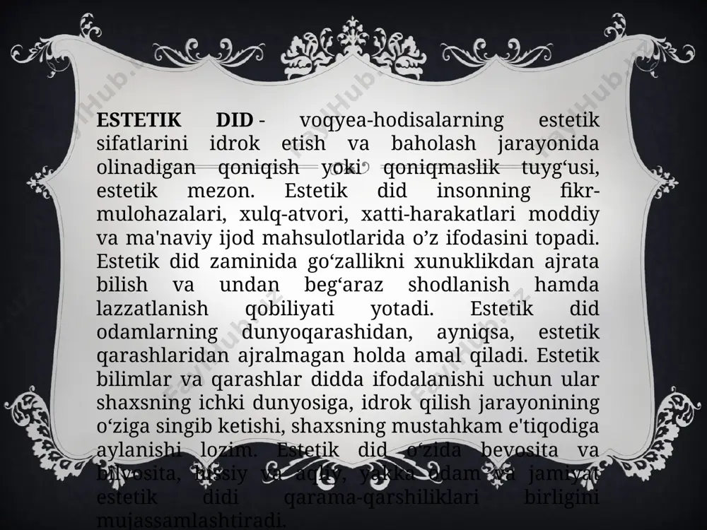 i ancha kengdir: u odamlarning mehnat faoliyati, unipg natijalari, moddiy va ma'naviy qadriyatlarida o‘z ifodasini topadi. esgetik his-tuyg‘ullr - olamni estetik anglash asosida shakllangan his-tuyg‘ular. ular inson ongining ajralmas tomoni bo‘lib, nafosatli ong sohasida maxsus o‘rin tutadi. ular estetik ongning alohida qatlami, uning poydevorini tashkil qiladi. estetik his –tuyg’ular estetik ongning barcha jabhalariga sayqal beradi va boyitadi. ruhiy hayotning boshqa bo‘laklari singari , estetik his –tuyg’ular ham voqyelik in'ikosini antlatadi, lekin bu tarzdagi in'ikos etish alohida tusda qaror topadi. ularda bilish, kechinmalar o’zaro chirmashib ketgan bo‘ladi. his-tuyg‘ular hamma vaqt insonning o‘z ehtiyojlari qondirilishi yoki qondirilmasligiga bo‘lgan munosabati bilan bog‘liq holda vujudga keladi. o‘z mohiyatiga ko’ra, ijtimoiy tabiatli ma'naviy hosilani tashkil etgan nafosatli his-tuyg‘ular ma'lum fiziologik asoslar va shart-sharoitlarga ham ega. ular birinchi va ikkinchi ogohlantirish (signal) sistemalarining amal qilishi bilan bog‘liq bo‘lib, ularni fiziologik hamda ruhiy- fiziologik jihatlardan ham o‘rganish imkoniyatini yaratadi. estetik his –tuyg’ular o‘z shakli, o‘zining namoyon bo‘lishi …