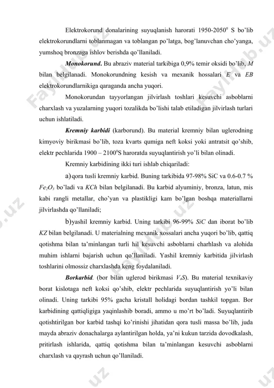 mik bog’lovchilar (k). bog’lovchining asosi oq rangli o’tga chidamli gil, kvarts, dala shpati, talьk va chaqmoqtosh kukunidir. bu komponentlar abraziv donalar bilan qorishtirilib, katta bosim ostida presslab quritiladi va 1300-14000 harorat ostida pishiriladi. keramik bog’lovchilar vositasida tayyorlangan jilvir toshlarning g’ovakligi yuqori, bog’lovchisining qattiqligi bir tekis va kesish hossalari yaxshi bo’ladi. abraziv donachalar yoyila borgan sari keramik bog’lovchi uvalanib tushadi, natijada navbatdagi donachalar ochilib qoladi, shu tufayli jilvir tosh o’zining kesish hossalarini yo’qolmaydi. bundan tashqari, jilvir tosh tez silliqlanib qolmaydi, binobarin, zakotovkani kuchli darajada qizdirmaydi, sovuqqa chidamli va sovituvchi suyuqlik ta’siriga bardoshli. keramik bog’lovchili jilvir toshlar (maxsus vazifalar uchun mo’ljallangan toshlar va boshqalar) 35 m/sek.gacha aylanma tezliklarda ishlaydi, maxsus ishlar uchun mo’ljallangan toshlar esa 50 m/sek.gacha bo’lgan tezliklarda ham ishlay oladi. keramik bog’lovchili jilvir toshlar jilvirlash ishlarining qariyb barcha turlarida qo’llaniladi. keramik bog’lovchili jilvir toshlarning kamchiligi: elastik emas, mo’rtligi yuqori, zarbiy yuklanishlarga chidamli va ulardan nozik toshlar yasab bo’lmaydi. silikat bog’lovchi …