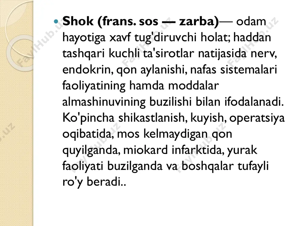 itmasi bilan tomchilab yuboriladi. qon bosimi 95-100ga yetsa to'xtatiladi  4. aritmiya bo'lsa lidokain 2% 10ml + natriy xlorid 0.9% 100ml v/i/t  5. polyarizatsiyalovchi aralashma glyukoza 5% 500ml + insulin 10tb + kaliy xlorid 1g v/i/t  6. agar qon tomirlar kengaysa, noradrenalin 0.2% 1-2ml + natriy xlorid 0.9% - 200ml v/i/t miokard infarkti deb, yurakdagi toj arteriyalardan birining birdan tiqilib qolishi natijasida ro‘y beradigan holatiga aytiladi. bunda yurak muskuli nekrozga uchraydi. miokard infarkti aksariyat ateroskleroz, gipertoniya kasalligi bilan kasallangan shaxslarda sodir bo‘ladi. stenokardiyani bu kasallikning darakchisi deb hisoblaydilar, biroq ba’zan miokard infarkti to‘satdan yuz beradi. klinikasi. yurak sohasida yoki to‘sh orqasida og‘riq to‘satdan paydo bo‘lib, chap yelkaga, chap kurakka, pastki jag‘ga va tananing boshqa qismlariga o‘tadigan og‘riq miokard infarkti-ning asosiy simptomi hisoblanadi. stenokardiyadagi og‘riqdan farqli ravishda miokard infarktida og‘riq uzoqroq (bir necha soatgacha) bo‘ladi, toj arteriyalarni kengaytiradigan vositalar (validol, nitroglitserin) qabul qilingandan keyin bosilmaydi davolash. miokard infarktining davosi …