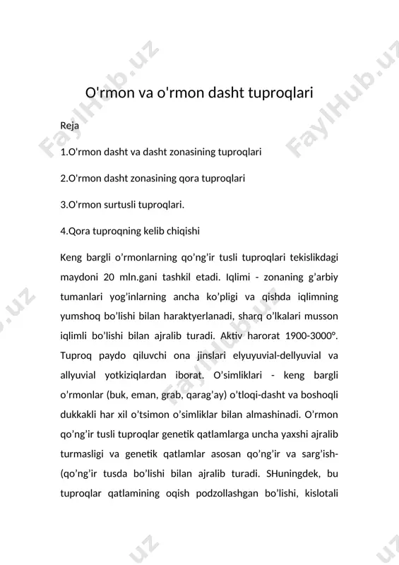 ivlashuvi natijasida ikkilamchi minyerallar hosil bo’ladi. keng bargli o’rmon qo’ng’ir tusli tuproqlari quyidagi tipchalarga bo’linadi: 1) tipik o’rmon qo’ngir tusli tuproq,2) podzollashgan, 3) gleyli, 4) gleyli-podzollashgan o’rmon qo’ng’ir tusli tuproqlar. gumus miqdoriga ko’ra: syergumus (>8%, o’rtacha gumusli (3-8%), kam gumusli; gumus qatlami qalin ligiga kura: qalin kavatli (a > 30 sm), o’rtacha qalinligi (20-30 sm), qalinligi kam ( 120)sm); qalin (120-80 sm), o’rtacha qalinlikdagi (80-40 sm), kam qalinlikdagi (40-25sm), juda kam qalinlikdagi (yupqa) ( 9), o’rtacha gumusli (9-6) oz gumusli (6-4) va juda oz gumusli (4% dan kam) qora tuproqlarga ajratiladi; ishqorsizlanish darajasiga ko’ra; kam, o’rtacha, kuchli, sho’rtoblanish darajasiga ko’ra: kam, o’rtacha, kuchli. 3. o’rmon dasht zonasining qora tuproqlari: podzollashgan ishqorsizlangan, tipik; dasht zonasining qora tuproqlari; oddiy va janubiy podzollashgan qora tuproqning morfologik belgilaridagi eng muhim farq- ular gumusli qatlamida podzollanish jarayonining qoldiq alomatlarini ifodalovchi kremnezemning kukunsimon, oqish sochilmalarining bo’lishidir. ishqorsizlangan qora tuproqlar farqi, uning gumusli qatlamida krsmnezemning kukunsimon sochilmalari, …