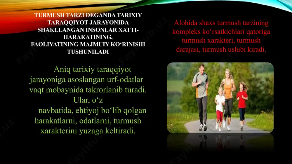 yo‘qligigina emas balki, insonning barcha aʼzo va organlari faoliyatining tashqi tabiiy va ijtimoiy muhit bilan garmonik mutanosibligi, insonning ijtimoiy, biologik va ruhiy holatining uyg‘unligidir. sog‘lom turmush tarzi tarafdorlarining fikricha, odamlar sog‘-salomat bo‘lishining, faol mehnat qilishining, uzoq umr ko‘rishining hamda baxtli va saodatli yashashining quyidagi shartlari bor birinchi shart: ovqatlanishni to‘g‘ri tashkil qilish. ikkinchi shart: jismoniy faollik, hayot – harakatdadir. uchinchi shart: kun va ishni biologik rejimlar asosida tashkil qilish. to‘rtinchi shart: ruhiy osoyishtalik yoki asabiy muvozanatni taʼminlash. beshinchi shart: ichkilikbozlik, kashandalik va giyohvandlik kabi odatlardan o‘zini tiyish. oltinchi shart: ozoda-orastalikka rioya qilish, atrof-muhitga bo‘lgan munosabat masalasi. ovqatlanishni to‘g‘ri tashkil qilish. ovqatlanish. to‘g‘ri, ratsional ovqatlanish va energetik balansni saqlash ko‘pgina noinfeksion kasalliklarning profilaktikasi uchun poydevor hisoblanadi. ratsional ovqatlanish deganda, insonning jinsi, yoshi, ish xarakteri va boshqa omillarni hisobga olgan holda, faol uzoq umr ko‘rish, yuqori jismoniy va aqliy ish qobiliyati, tashqi muhit zararli omillariga qarshilikni oshiruvchi va sog‘liqni saqlashga yordam beruvchi …