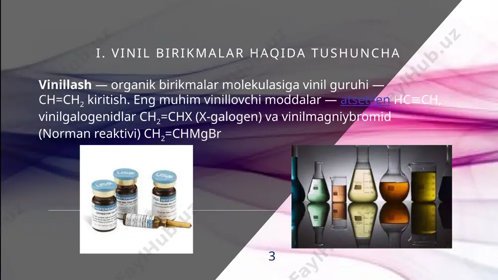 ning sanoatda ishlatilishi 4. qadoqlash sanoati: vinil oziq-ovqat mahsulotlarini qadoqlash, farmatsevtika qadoqlash va boshqa iste'mol mahsulotlarini qadoqlashda ishlatiladi. moslashuvchanligi tufayli qadoqlash turli yo'llar bilan amalga oshirilishi mumkin. 12 iii. vinil birikmalarning sanoatda ishlatilishi 5. to'qimachilik sanoati: vinil qoplamali matolar sumka, poyabzal va tashqi kiyim kabi mahsulotlarda qo'llaniladi. bunday materiallar odatda suvga chidamli va oson tozalanadigan xususiyatlarga ega. 13 image1.jpeg image2.jpeg image3.jpeg image4.png image5.jpeg image6.jpeg image7.png image8.png image9.png image10.png image11.png image12.png image13.png image14.png image15.png image16.png image17.png image18.png image19.png image20.png