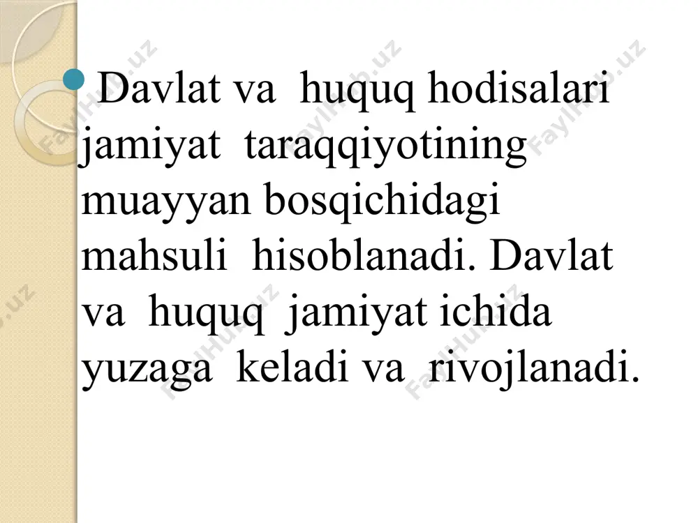xuanxi kabi yirik daryolarning havzalarida yuzaga kelgan. ushbu hududlarda davlat vujudga kelishining asosiy omillari sifatida quyidagilar e`tirof etiladi: sug`orma dehqonchilikning rivojlanishi natijasida yirik irrigatsion tarmoqlarni tashkil etish yuzasidan ommaviy ishlarni yo`lga qo`yishning zaruriyati; mazkur ishlarga aholini keng miqyosda jalb etilishi; irrigatsion ishlarga jalb etilgan kishilar ustidan yagona va markazlashgan rahbarlikni amalga oshirishning zaruriyati va boshqalar. davlat kelib chiqishining “yevropacha” yo`li yevropada davlatlarning vujudga kelishida asosiy omil bo`lgan xususiy mulkning shakllanishi jamiyatda mulkiy tengsizlikning va shu asosda turli xil tabaqalarning yuzaga kelishiga sabab bo`lgan. davlatlarning kelib chiqishi to`g`risidagi nazariyalar. zo`ravonlik nazariyasi psixologik (ruhiy) nazariya irrigatsion nazariya teologik nazariya patriarxal nazariya ijtimoiy-shartnoma nazariyasi materialistik nazariya teologik nazariya teologik (diniy ) nazariya (yunoncha “theos”-xudo, “logos’’-tushuncha, ta`limot) xudo to`g`risidagi ta`limotni anglatadi. diniy ta`limotlar davlat va huquqning vujudga kelishi to`g`risidagi ilk ta`limotdir. davlatchilik va huquq shakllanishi bilan uni diniy, ilohiy tarzda tushunish yuzaga kelgan. ushbu nazariya vakillarining fikricha, butun olam,shu jumladan, davlat va huquqning kelib …