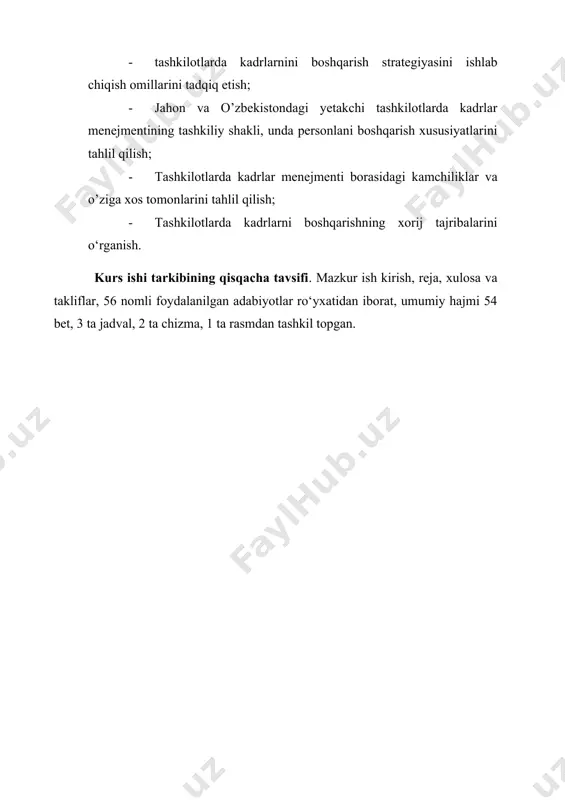 lish, rejalashtirish va prognoz qilish tizimlari. uning asosiy vazifalari boshqaruv ob’ekti va tuzilmasini shakllantirish, kerak bo‘lgan kasb, mutaxassis va malakasiga ega bo‘lgan kadrlarga ehtiyojini hisoblash hisoblanadi. boshqacha qilib aytganda, mazkur tizimdagi masalalarning echimi “kim kerak va qancha kerak?” degan savolga javob berishi lozim; b) kadrlarni saralab olish, taqsimlash, baholash va uzluksiz ta’lim berish tizimchasi. uning asosiy vazifasi shakllangan boshqaruv ob’ekti va tuzilmalarni zarur kadrlar bilan sifatli ta’minlash hamda ularning faoliyatini samarali rag‘batlantirishni tashkil etish hisoblanadi; v) ishlab chiqarishda kadrlardan oqilona foydalanish tizimlari. mazkur tizimcha oldida turgan vazifalarning echimi yuqori unumli va barqaror ishlab chiqarish jamoalarni tashkil etish bo‘yicha chora-tadbirlar majmuasini amalga oshirishni nazarda tutadi. kadrlar menejmentining usullari uchta asosiy guruhga ajratiladi: · iqtisodiy; · tashkiliy-huquqiy; · ijtimoiy-psixologik. iqtisodiy usullarga kadrlar xizmatini rejalashtirish va prognozlashtirish, ish o‘rinlari va mehnat resurslarining balansini hisoblash, kadrlarga bo‘lgan asosiy va qo‘shimcha ehtiyojlarni, uni ta’minlash manbalarini aniqlash va shu kabilar kiradi. tashkiliy-huquqiy usullar kadrlarga turli ta’sir …