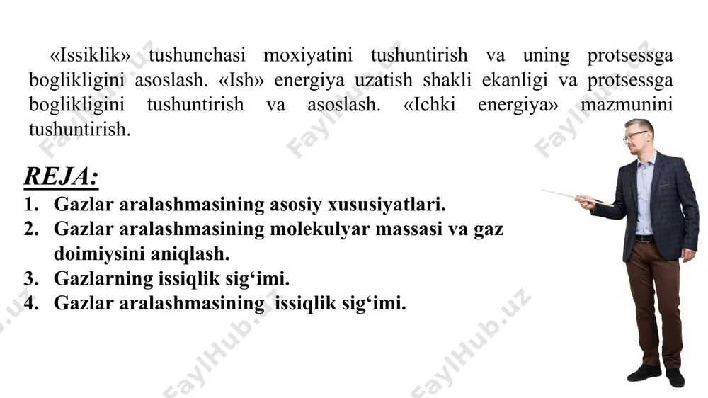 aralashma temperaturasida boʻlib, bir oʻzi shu aralashma egallagan hajmni toʻldirganda koʻrsatadigan bosimi ayni komponentning parsial bosimi deyiladi. gazlar aralashmasining tarkibi massaviy yoki hajmiy ulushlar bilan aniqlanadi. agar massasi m boʻlgan aralashma n komponentdan tarkib topgan boʻlsa, aralashmadagi ayrim komponentlarning massaviy ulushlari quyidagiga teng boʻladi: bu erda: m1 , m2 , mn - aralashmani hosil qiluvchi ayrim komponentlarning massalari. aralashmaning massasi ayrim komponentlar massalarining yigʻindisiga teng boʻladi: gazlar aralashmasidagi ayrim komponentlar massaviy ulushlarining yigʻindisi birga teng: agar n komponentdan tarkib topgan aralashmaning hajmi v boʻlsa, u holda aralashmadagi komponentlarning hajmiy ulushlari quyidagi tengliklar bilan aniqlanadi: gazlar aralashmasidagi komponentlar parsial hajmlarning yigʻindisi aralashmaning toʻla hajmiga teng: gazlar aralashmasidagi komponentlar hajmiy ulushlarining yigʻindisi birga teng 2. gazlar aralashmasining molekulyar massasi va gaz doimiysini aniqlash. gazlar aralashmasi holat tenglamalariga boʻysunadi: pv=mrt ёки pv =rt aralashmaning gaz doimiysini massaviy ulushlar orqali quyidagi tenglikdan topish mumkin: aralashmaning oʻrtacha molekulyar massasi: gazlar aralashmasining tarkibi hajmiy ulushlarda berilgan …