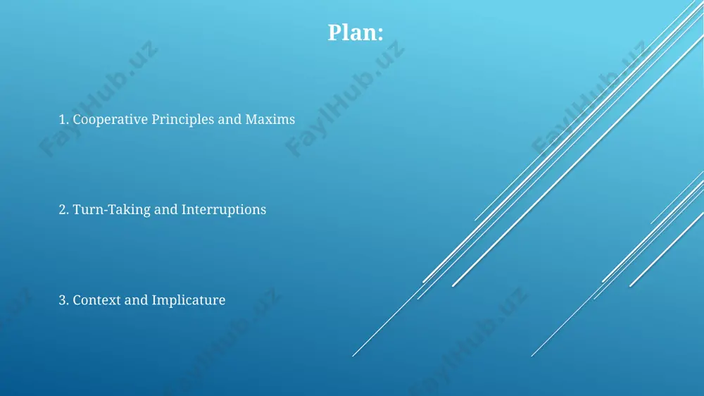 (e.g., leaning forward to indicate engagement), significantly influence turn allocation, operating alongside verbal turn-taking mechanisms to regulate conversational fluidity. cooperative principles the maxim of quantity suggests providing sufficient information—neither too much (leading to irrelevance) nor too little (causing ambiguity). this balance is crucial for effective communication. flouting a maxim, such as intentionally being ironic (violating the quality maxim), can convey meaning beyond the literal words, creating a type of indirect speech act understood through shared context. grice's cooperative principle, comprising four maxims (quantity, quality, relation, manner), guides successful conversations. violating these maxims, even intentionally, can create specific conversational implicatures. speech acts the felicity conditions for a successful speech act, such as a request, involve elements like the speaker's authority, the hearer's ability to comply, and the utterance's propositional content, all contributing to effective communication. indirect speech acts, where the literal meaning differs from the intended meaning (e.g., "it's cold in …