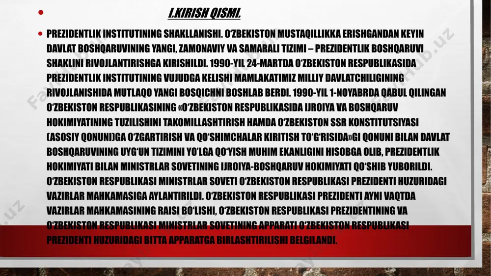 o`quv qo`llanma. . –т.:аkademiya 2010. 2. oblomurodov n., va boshqalar. o`zbekiston tarixi. o`quv qo`llanma. –t.: yangi asr avlodi, 2011. 3. o'zbekiston respublikasi prezidenti sh. mirziyoevning 2018 yil 5 iyundagi "oliy ta'lim muassasalarid 3. mirziyoev sh.m. qonun ustuvorligi va inson manfaatlarini ta'minlash yurt taraqqiyoti va xalq farovonligining garovi. - toshkent: o'zbekiston, 2017. image3.jpg image4.jpeg image5.png image6.png image7.png image8.png image9.png