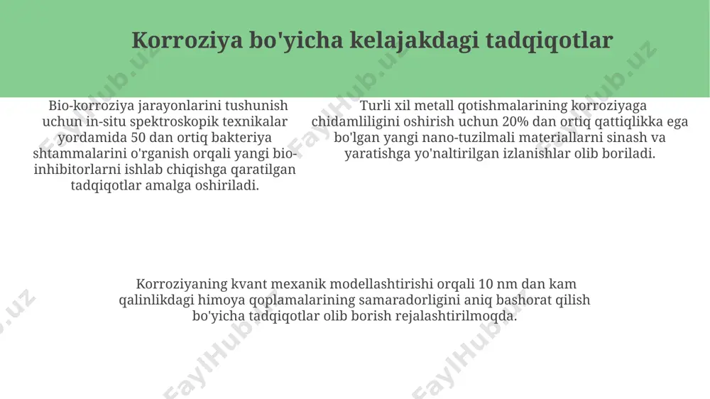 maytirish, yuqori sifatli korroziyaga chidamli qotishmalar va himoya qoplamalarini qo'llash orqali amalga oshirilishi mumkin. korroziya tadqiqotlari, yillik iqtisodiy zararlarni 1 trillion aqsh dollarigacha kamaytirishga yordam beradigan, yangi korroziyaga chidamli materiallar va himoya usullarini ishlab chiqishga yo'naltirilgan. neft va gaz sanoatida quvurlar korroziyasi tufayli yuzaga keladigan yo'qotishlarni 50% gacha kamaytirish, korroziya monitoringi va oldini olish texnologiyalarining rivojlanishiga bog'liq. stress korroziyasi kuchlanish korroziyasi metallarning yuqori kuchlanish holatida, masalan, 30-50 mpa gacha bo'lgan kuchlanish ostida, korroziyali muhit ta'sirida tezlashgan buzilishidir. kuchlanish korroziyasi yoriqlari odatda transkristallin xarakterga ega bo'lib, metall tuzilmasining donalararo chegaralaridan emas, balki donalar orqali tarqaladi. kuchlanish korroziyasi yoriqlari odatda transkristallin xarakterga ega bo'lib, metall tuzilmasining donalararo chegaralaridan emas, balki donalar orqali tarqaladi. korroziya tezligini aniqlash usullari korroziya tezligini aniqlashda volumetrik usul ham qo'llaniladi, bunda vodorod gazining ajralish hajmi (ml) va vaqt (soat) bo'yicha korroziya tezligi (mm/yil) hisoblab chiqiladi, bu usul asosan temir metallarning korroziyasini o'rganishda samarali. gravimetrik usulda korroziya mahsulotlarining massasini …