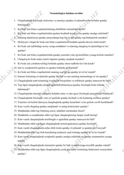 neonatologiya fanidan savollar — DOCX