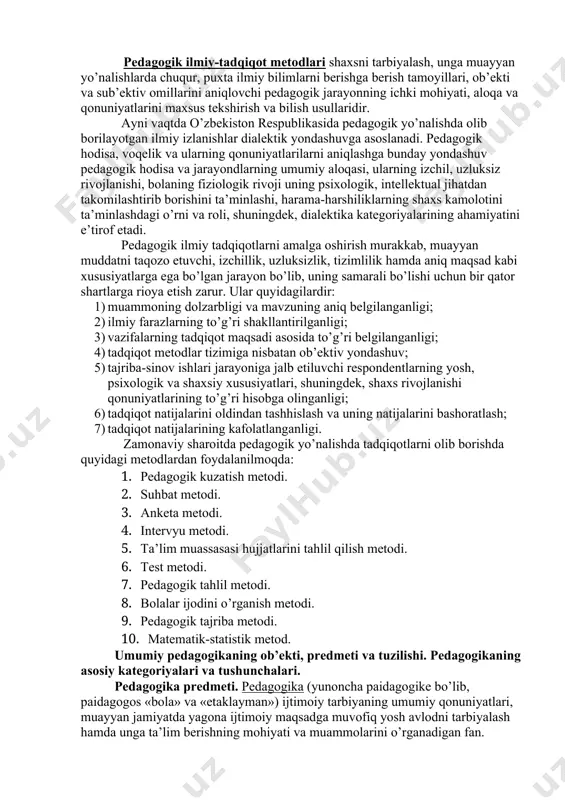 shning mohiyati va muammolarini o’rganadigan fan. pedagogika ijtimoiy fanlar tizimiga kiruvchi fan sanalib, yosh avlod hamda kattalarni milliy istiqlol g’oyalari asosida tarbiyalash, unga ta’lim berish muammolarini o’rganadi. pedagogika fani shaxsni rivojlantirishning ikki muhim jihati – uni o’qitish va tarbiyalashga asosiy e’tiborni haratganligi bois didaktika (ta’lim nazariyasi) va tarbiya nazariyasi fanning muhim tarkibiy qismlari hisoblanadi. pedagogika fanining vazifalari. pedagogika fani shaxsni shakllantirishdek ijtimoiy buyurtmani bajarish asosida jamiyat taraqqiyotini ta’minlashga alohida hissa qo’shadi. pedagogika fani maqsadi va vazifalarining belgilanishida ijtimoiy munosabatlar mazmuni, davlat va jamiyat qurilishi, uning hayotida yetakchi o’rin tutuvchi g’oyalar mohiyatini muhim ahamiyatga ega. o’zbekiston respublikasida demokratik, insonparvar hamda huquqiy jamiyatni barpo etish sharoitida mazkur fan yuksak ma’naviy va axloqiy talabalarga javob beruvchi yuqori malakali kadrni tarbiyalash tizimini ishlab chiqish, milliy istiqlol g’oyasi asosida ta’lim va tarbiya nazariyasini ijodiy rivojlantirish vazifasini hal etadi. mazkur jarayonda quyidagi vazifalarni bajarishga e’tibor haratiladi: 1. ma’naviy va axloqiy talabalarga javob beruvchi yuqori malakali kadrni …