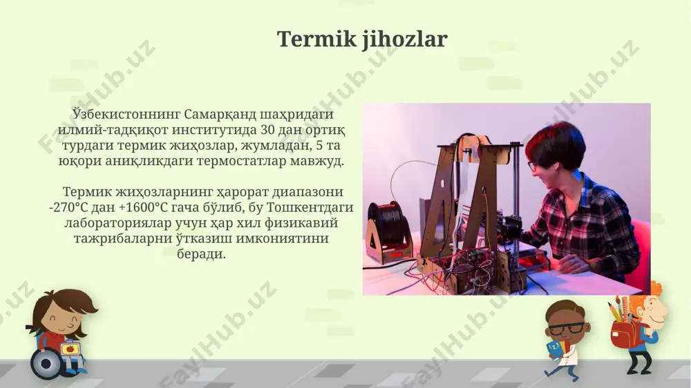 hun, kamida 2 ta yong'in o'chirgich, birinchi tibbiy yordam to'plami va 15 dona xavfsizlik ko'zoynaklarini, samarqanddagi maxsus do'konlardan sotib olish zarur. mexanik jihozlar mexanik tebranishlarni o'rganish uchun mo'ljallangan 10 kg og'irlikdagi mexanik majmualar samarqanddagi fizika-matematika institutida eksperimentlarda qo'llaniladi. andijondagi texnika kollejining mexanik jihozlar to'plami 30 dan ortiq turdagi mexanizmlarni o'z ichiga oladi, ular orasida 5 tasi yuqori aniqlikdagi mexanik qurilmalardir. kelajakdagi rejalar 2024 yilning oxiriga kelib, laboratoriyamizga 3d printer va 15 ta kompyuterni o'rnatish orqali raqamli texnologiyalarni joriy etishni, shu bilan birga samarqand shahridagi mutaxassislar bilan hamkorlikni yo'lga qo'yishni maqsad qilganmiz. laboratoriya infratuzilmasini takomillashtirish uchun 2 million so'm mablag' ajratish va germaniyadan keltirilgan 50 ta turli xil tajriba asboblarini o'rnatishni rejalashtirganmiz. ma'lumotlarni qayta ishlash farg'ona viloyatidagi maktabda o'quvchilar 50 ta tajriba natijalarini excel jadvallarida qayta ishlash orqali o'rtacha qiymatlar, standart og'ishlar va boshqa muhim parametrlarni hisoblab chiqmoqdalar. samarqanddagi universitetda o'tkazilgan tajribalar natijalari 200 dan ziyod ma'lumotlar to'plamini o'z ichiga oladi …