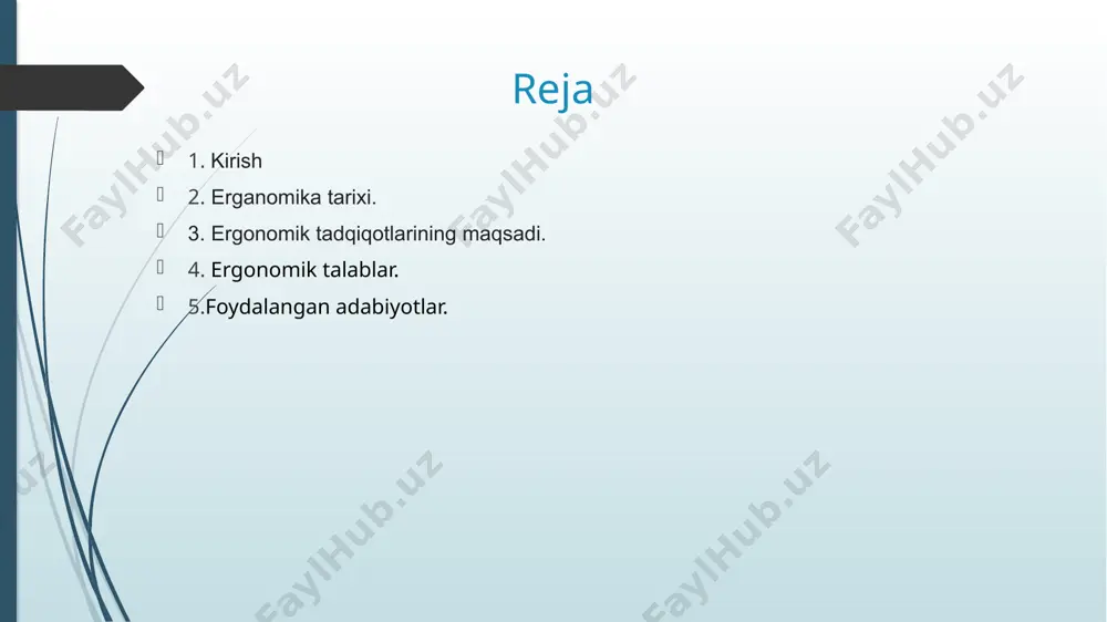 r qo'llanmaergonomikaga bag'ishlanganligi sababli bu savolga javob qidirish lozim, albatta. insoniyat sivilizatsiyasining boshlanishida kishi tafakkuri niho - yatda sodda boiganligi ko'pchilik olimlar tomonidan e'tirof etiladi. odamzod hayoti davomida yaxshi, mazmunli hayot kechirishni o‘z oldiga maqsad qilib qo‘ygan va shu maqsadlari yo'lida kurashib kelgan u qurol yasagan, ov qilgan. dastlabki ov qurollari mukammal tuzilishga ega bo'lmaganligi sababli ular ko'pincha pand yeyishgan. ko‘p hollarda yirtqich hayvonlar qurboni bo'lishgan. inson o'zining ijtimoiv sharoitini ham uzoq izlanishlari davomida yaratgan. dastlabki qurilmalar insonni sovuqdan, issiqdan, tabiat ofatlaridan saqlay olmagan. hayot uchun kurashlsh insonni tajribalardan kelib chiqqan holda idrok etishga undagan. ular uzoq hayotiy tajribalarni inobatga olgan holda asosiy talablarga javob beradigan qurol, imorat, uy-ro'zg'or, xo'jalik buyumlarini yaratishga harakat qilganlar. mazkur tajribalar qulaylik yaratishga undagan. bu qulaylik inson bilan imorat qismlari. qurol bilan inson harakati. uy-ro'zg"or buyumlarining qulay bo'lishiga, xo‘jalik buyumlarining inson harakati va hayvonlar harakati bilan bog'liq i igida bo'lishi lozim bo'lgan. masalan, omochlar ot, …