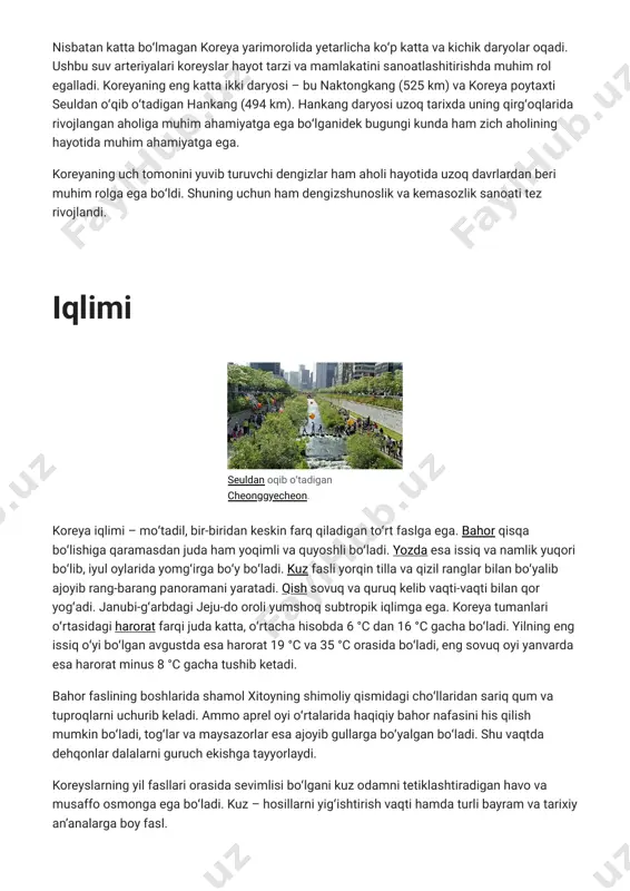 iy qismidagi choʻllaridan sariq qum va tuproqlarni uchurib keladi. ammo aprel oyi oʻrtalarida haqiqiy bahor nafasini his qilish mumkin boʻladi, togʻlar va maysazorlar esa ajoyib gullarga boʻyalgan boʻladi. shu vaqtda dehqonlar dalalarni guruch ekishga tayyorlaydi. koreyslarning yil fasllari orasida sevimlisi boʻlgani kuz odamni tetiklashtiradigan havo va musaffo osmonga ega boʻladi. kuz – hosillarni yigʻishtirish vaqti hamda turli bayram va tarixiy anʼanalarga boy fasl. https://uz.m.wikipedia.org/wiki/fayl:korea-seoul-cheonggyecheon-2008-01.jpg https://uz.m.wikipedia.org/wiki/fayl:korea-seoul-cheonggyecheon-2008-01.jpg https://uz.m.wikipedia.org/wiki/seul https://uz.m.wikipedia.org/w/index.php?title=cheonggyecheon&action=edit&redlink=1 https://uz.m.wikipedia.org/wiki/bahor https://uz.m.wikipedia.org/wiki/yoz https://uz.m.wikipedia.org/wiki/kuz https://uz.m.wikipedia.org/wiki/qish https://uz.m.wikipedia.org/wiki/harorat janubiy koreya milliy assambleyasi. koreya hukumati uchta qismga boʻlingan: ijro etuvchi, qonun chiqaruvchi va sud hokimyati. qonun chiqaruvchi va ijro etuvchi hokimiyatlar davlat darajasida faoliyat koʻrsatadi. mahalliy vazifalarni ijro etuvchi boʻlimdagi turli vazirliklar amalga oshiradi. mahalliy hokimyat yarim- muxtor boʻlib, oʻzining ijro etuvchi va qonun chiqaruvchi boʻlimiga ega. sud hokimiyati davlat va mahalliy darajada faoliyat koʻrsatadi. koreya hukumatining tuzilishi koreya respublikasining konstitutsiyasi bilan belgilanadi. bu hujjat 1948-yil kuchga kirgandan buyon bir necha marta tahrir qilindi. ammo bir necha …