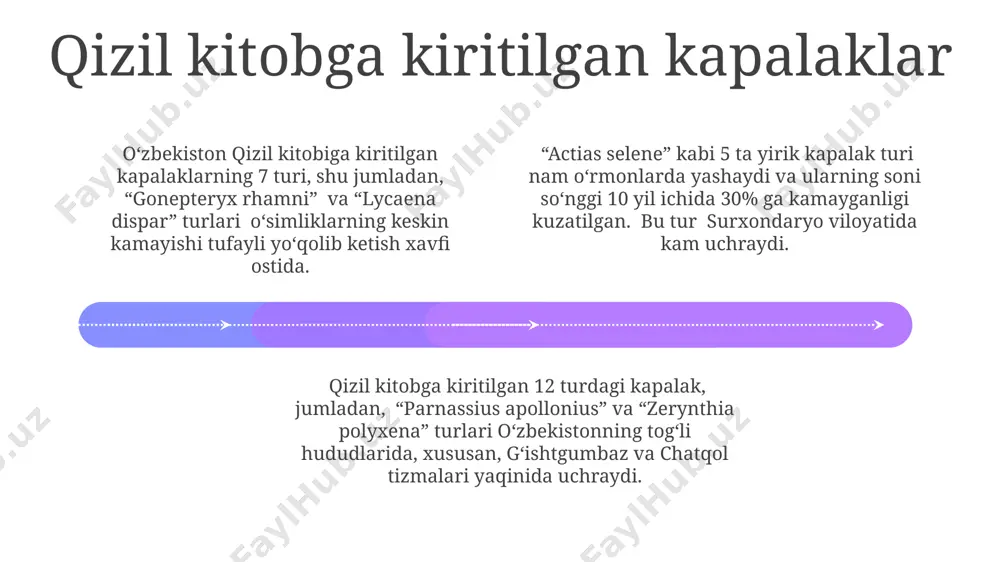 viloyati kabi hududlarda. qizil kitobga kiritilgan pashshalar oʻzbekiston qizil kitobiga kiritilgan ba’zi pashsha turlari, masalan, lucanus cervus (bugʻuqoʻrgʻon) turi 200 dan ortiq namunasi bilan xavf ostida boʻlgan 2-toifaga kiritilgan. qizil kitobga kiritilgan ba’zi pashsha turlarining 10 dan ortiq populyatsiyasi oʻzbekistonning togʻli hududlarida, xususan, fargʻona vodiysida va qashqadaryo viloyatlarida kuzatilgan. taxminan 5 ta noyob pashsha turi, jumladan, oltin qoʻngʻiz va boshqa 2 ta endemik tur, oʻzbekistonning janubi-gʻarbiy choʻl mintaqalarida, 1000 kv.km dan kam hududda uchraydi va qizil kitobga kiritilgan. yo'qolib ketish xavfi ostidagi hasharotlarning yashash muhiti add text add text add text add text add text add text toshkent viloyatining gʻarbiy qismidagi togʻli hududlarida, taxminan 1500 metr balandlikda, qizil kitobga kiritilgan qanotli hasharotlarning 3 turi, asosan archa va yongʻoqzorlar bilan qoplangan, chegaralangan arealarda uchraydi. qoraqalpogʻiston respublikasining amudaryo deltasida, 200 dan ortiq turdagi hasharotlar, jumladan, qizil kitobga kiritilgan 15 ga yaqin noyob kapalak turlari, oʻziga xos botqoqlik va qumli choʻl ekotizimlarida yashaydi. …