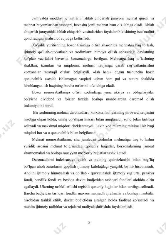 ashqari fondlari alohida o’rin egallaydi. ularning tashkil etilishi tegishli qonuniy hujjatlar bilan tartibga solinadi. barcha budjetdan tashqari fondlar maxsus maqsadli ajratmalar va boshqa manbalar hisobidan tashkil etilib, davlat budjetidan ajralgan holda faoliyat ko’rsatadi va muhim ijtimoiy tadbirlar va rejalarni moliyalashtirishda foydalaniladi. mehnatga haq to’lash bo’yicha hisoblashishlar buxgalteriya hisobi schyotlarining 6710-«mehnat haqi bo’yicha xodim bilan hisoblashishlar» passiv schyotida yuritiladi. mehnat va unga haq to’lash hisobi korxonaning hisob tizimida asosiy o’rinlardan birini egallaydi va u mehnatning son hamda sifati, iste’molga yo’naltiriladigan mablag’lardan foydalanish ustidan operativ nazoratni ta’minlashga qaratilgan. xo’jalik yuritishning yangi sharoitida mehnat va unga haq to’lash hisobining asosiy vazifalari quyidagilardan iborat: 1. soliqlar va ish haqidan ushlanmalar ham qo’shilgan holda korxona xodimlari bilan mehnatga haq to’lashga doir hisob-kitoblarni o’z vaqtida olib borish; 1. hisoblangan ish haqi va sug’urtaga ajratmalar summasini xarajatlar schyotlariga o’z vaqtida hamda to’g’ri o’tkazib borishni ta’minlash; 1. boshqarish va zaruriy hisobotlarni tuzish uchun mehnat va ish haqi bo’yicha …