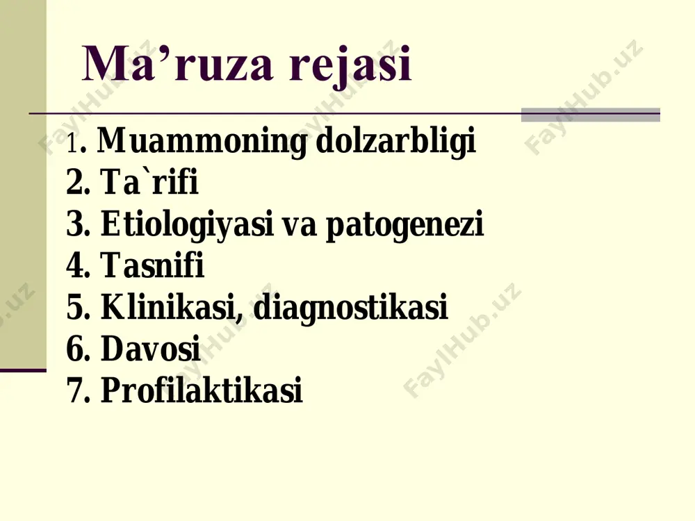 it atamasini taklif qildi va 1892 yilda podagradan farqlab berdi. ◼kasallik nomi "rheumatic fever“ atamasiga asoslangan, grekcha ῥεύμα-rheuma (nom.), ῥεύματος-rheumatos (gen.) ("flow, current"), - oqim, -oid qo’shimchasi – o’xshash – bo’g’imlarning revmatik isitmsdagiga o’xshash yallig’lanishi ma’nosini bildiradi. ◼ ra ning etiologiyasi - noma`lum ◼ turli xil omillar: • viruslar, oqsillar, bakterial superagentlar va boshqalar. ekzogen • tamaki komponentlaritoksik • ii tipdagi kollagen, stressor oqsillar va boshqalar.endogen nospesifik jaroxatlar, infeksiya, allergenlar va boshqalar.. etiologiyasida 3 asosiy omilni farqlash mumkin: ◼ ayollarda 24 oy davomida bolani ko’krak suti bilan boqish ra rivojlanishi xavfini 2 barobar kamaytiradi nasliy moyillik autpimmun reaksiyalarga nasliy moyillik ko’pincha mns ii cinfiga mansub: hla — dr1, dr4 antigenlarini tashuvchilarda uchraydi infeksion omil paramiksoviruslar gepatoviruslar gerpesviruslar trigger omil stress endokrinopatiyalarmutagen dorilar sovqotish giperinsolyasiya intoksikasiya patogenezi genetik moyillik etiologik omillar genetik moyillik t va b - faoliyati disbalansi immun javob boshqarilishining buzilishi t- limfotsitlar defitsiti va antitanalar sintezi nazoratining yetishmasligi …