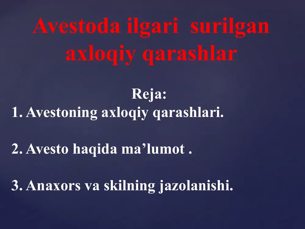 o’g’irchoqqa kampirning ko’ylagini kiygizishib, «sust xotin» qo’shig’ini aytishgan va o’z qo’ni-qo’shnilarinikiga kirishgan. uy egalari qo’g’irchoqqa suv sepishgan, «sust xotin» qo’shig’ini aytganlarga xayr–sadaqa berishgan. quyidagi parchada yaratilgan sust xotin obrazi «avesto»dagi suv xudosi tishtar mifologiyasiga bog’lanadi. sust xotin-o, sust xotin, ko’lankasi maydon xotin, sust xotin. dehqonlarni g’am bosdi, sust xotin. omochini chang bosdi, sust xotin. havo yog’sin sevalab, sust xotin. bo’ri qochsin tebalab, sust xotin, bug’doy bo’lsin zarchalab, sust xotin, sag’ir - sug’ir qolganlar, sust xotin, nonni yesin parchalab, sust xotin, sust xotin-o, sust xotin, ko’lankasi maydon xotin, sust xotin. «avesto»da ilk foniy odam – gaya marta haqida rivoyatlar keltirilgan. u zardo’shtiylikda yer yuzida yashagan birinchi odam sifatida tasavvur etiladi. o’rta asr manbalarida uning nomi gavomard, gayomat, gopat shoh, qo’bodshoh, kayumars tarzida bitilgan. gaya marta ikki vujudli, ho’kiz va odamdan tashkil topgan. uni ezgulik xudosi axura mazda dantiya daryosining bo’yidagi ar’yana vejada yetmish kun mobaynida yaratgan. daryoning chap sohilida odam, o’ng …