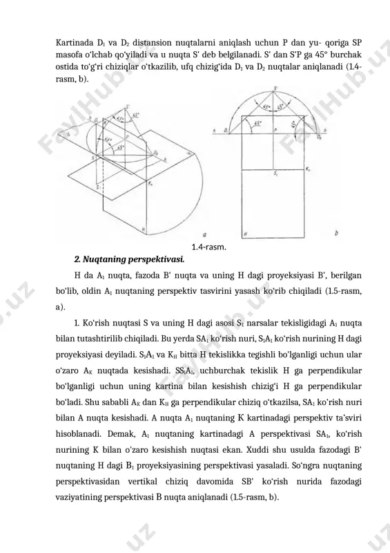 q kartinaga nisbatan 45° burchakni tashkil etadi) distansion nuqta d1 bilan tutashtirilsa, a nuqta orqali o'tadi. demak, kartinaga 45° burchak ostidagi to‘g‘ri chiziqlar perspektivada distansion nuqtalardan birida uchrashar ekan (2-qoida). 1.5-rasm. в'1 dan kh ga perpendikular chiziq o'tkazilib, blk aniqlanadi. bik dan vertikal chiziq chizilib, unga b'1b’ balandlik o‘lchab qo‘yilib, p bilan tutashtirilsa, b' nuqtaning perspektivasi в orqali o‘tadi. demak, vertikal (h ga perpendikular, kartinaga parallel) to‘g‘ri chiziq perspektivada geometrik parallelligini saqlagan holda vertikal tasvirlanadi (3-qoida). perspektiv tasvirlar yasashda ushbu qoidalardan foydalanilsa, ortiqcha yasaslilardan halos bo‘linadi. 1.6-rasm. kartina epyurida (bundan keyin u faqat kartina deb yuritiladi) a nuqtaning perspektivasini yasash uchun a1 dan kartina asosi kh ga perpendikular chiziq chizilib, a0 aniqlanadi va u p bilan tutashtiriladi. a1a0 masofa kartina asosi kh ga olib o’tiladi yoki a1 dan kartina asosiga 45˚ burchak ostida chiziq chizlib, a1k topiladi va u nuqta d1 bilan tutashtiriladi. p va d1 nuqtalarga yo’nalgan to’g’ri chiziqlar …