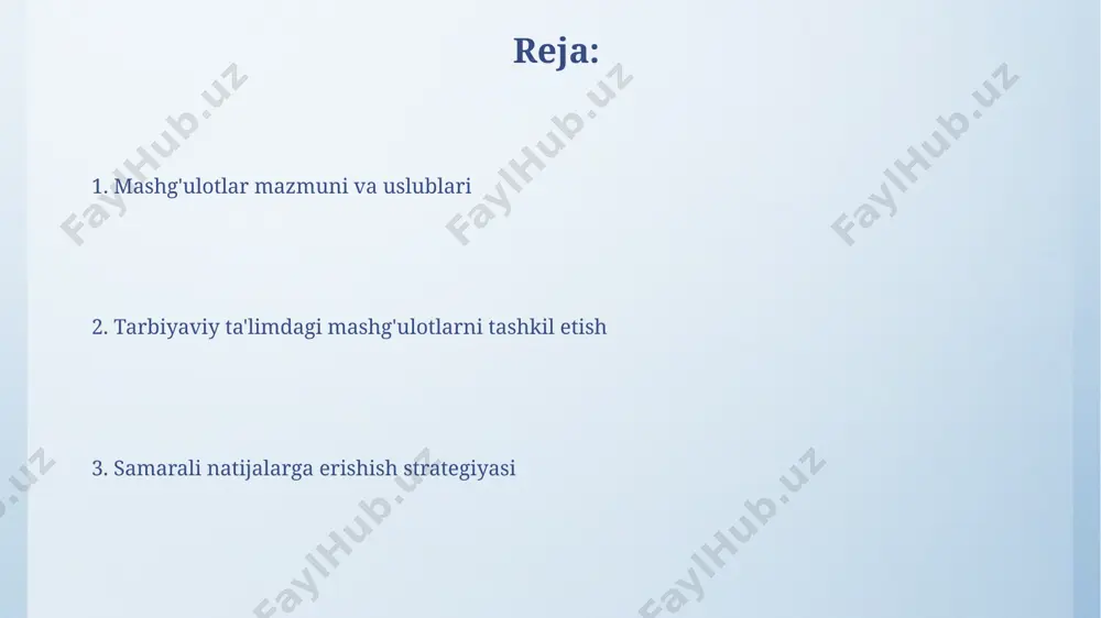 n baholash mezonlarini qoʻllash muhim. innovatsion pedagogik texnologiyalar interaktiv o'yinlar, simulyatsiyalar va loyihalar kabi innovatsion pedagogik texnologiyalar 5-10% ga o'quv natijalarini yaxshilashga va bilimning chuqurroq o'zlashtirilishiga yordam beradi. innovatsion pedagogik texnologiyalar o'quv jarayonida talabalarning 70% dan ortiq faol ishtirokini ta'minlashga qaratilgan bo'lib, bu interfaol usullar va zamonaviy vositalar orqali amalga oshiriladi. tarbiyaviy mashgʻulotlarni tashkil etishning zamonaviy usullari guruhdagi muloqot va hamkorlikni ragʻbatlantirish uchun 3-5 kishidan iborat kichik guruhlarda loyihalar ustida ishlash, ijodkorlik va jamoaviylikni rivojlantirishga yordam beradi. zamonaviy texnologiyalar, jumladan, onlayn platformalar va taqdimot dasturlari, 20 nafarga yaqin ishtirokchiga moʻljallangan tarbiyaviy mashgʻulotlarni samarali tashkil qilish imkonini beradi. samarali mashgʻulotlarni loyihalashtirish oʻquv jarayonida interfaol usullar (masalan, 7 ta turdagi oʻyinlar, munozaralar) qoʻllash samaradorlikni 20% ga oshirishi, shuningdek, oʻquvchilarning faol ishtirokini ta'minlaydi. mashgʻulotlarni 45 daqiqalik bloklarga boʻlish va har 15 daqiqada dinamikani oʻzgartirish (masalan, amaliy mashqlar, nazariy ma'lumotlar) diqqatni jamlashni va bilimlarni oʻzlashtirishni yaxshilaydi. xavfsizlik va sogʻlom turmush tarzini targʻib qilish oʻquv …