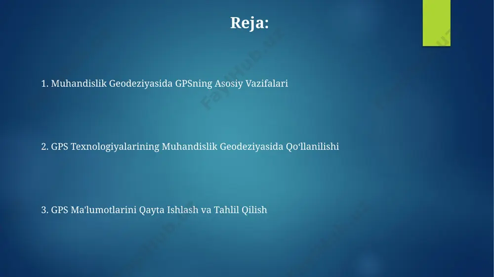 ari va ularning xususiyatlari ko'p kanalli gps qabul qilgichlar bir vaqtning o'zida bir nechta sun'iy yo'ldosh signallarini qabul qilib, o'lchov aniqligini 10 barobarga oshirishi mumkin. gps qabul qilgichlarning aniqligi 1 sm dan 10 sm gacha o'zgarib turishi mumkin, bu esa ishlatilayotgan antenna turi va atmosfera ta'siriga bog'liq. geodezik oʻlchovlarning zamonaviy usullari gps texnologiyalari yordamida geodezik oʻlchovlarning aniqligi 1 sm dan kamroq boʻlishi mumkin, bu esa yer osti inshootlarini loyihalash va monitoring qilishda yuqori aniqlikni taʼminlaydi. koʻp spektral tasvirlar bilan birgalikda ishlatilganda, gps maʼlumotlari 3d topografik modellarning aniq va batafsil yaratilishini taʼminlaydi, bu esa muhandislik loyihalarini optimallashtirishga yordam beradi. ma'lumotlarni qayta ishlash va tahlili gps ma'lumotlarini qayta ishlashda filtrlash usullari, masalan, kalman filtri yordamida 1 sm dan kam aniqlikka erishish mumkin, bu esa aniq koordinatalarni olishga imkon beradi. diferensial gps (dgps) texnologiyasi yordamida o'rtacha 1-5 sm xatolikka ega bo'lgan ma'lumotlarni olish mumkin, bu esa geodezik hisob-kitoblarning aniqligini sezilarli darajada oshiradi. e'tiboringiz …