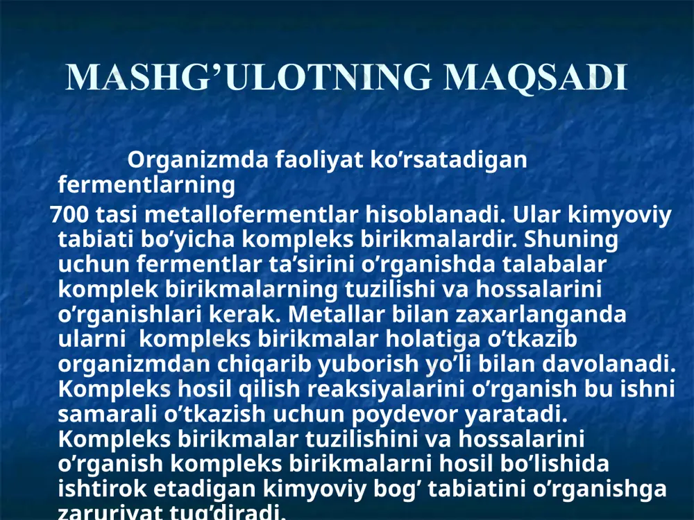 eke tuzi nh4[cr(scn)4(nh3)2] magnus tuzi [pt(nh3)4][ptcl4] 17 kompleks birikmalarda sistematik nomenklatura… natriy geksanitrokobaltat(iii) na3[co(no2)6] diamminokumush (i) gidroksid [ag(nh3)2]oh tollens reaktivi kaliy tetrayodomerkurat(ii) k2[hgi4] nessler reaktivi ammoniy tetrarodanomerkurat(ii) (nh4)2[hg(scn)4] 18 19 verner vernerni tasdiqladi… 20 1893-4 yy. nazariyalar tasdiqlanmagan davr bo’lgan. verner 20 yil tajribalarini to’xtatmagan. birikmalar tarkibini bilish uchun verner quyidagilarni qo’llagan: kimyoviy usul elektr o’tkazuvchanlikni o’lchash kimyoviy usul agno3 qo’llanganda : 1 mol crcl3. 6nh3 dan  3 mol cl- cho’kadi [cr(nh3)6]cl3 1 mol crcl3. 5nh3 dan  2 mol cl- cho’kadi [cr(nh3)5cl]cl2 1 mol crcl3. 4nh3 dan  1 mol cl- cho’kadi [cr(nh3)4cl2]cl verner – miolatti qatorlari 1893 yilda a.verner a.miolati bilan hamkorlikda kompleks birikmalar qatorida molyar elektr op’tkazuvchanlikni o’zgarish qonuniyatini yaratdi.. metod elektrolitlarda ionlarning elektr tokini o’tkazishiga asoslangan edi. 21 1 [pt(nh3)6]cl4 2 [pt(nh3)5cl]cl3 3 [pt(nh3)4cl2]cl2 4 [pt(nh3)3cl3]cl 5 [pt(nh3)2cl4] 6 k[pt(nh3)cl5] 7 k2[ptcl6] birikmalarningmolyar elektr o’tkazuvchanligi diagrammasi , ом-1.см2.моль-1 kомplекslarda izomeriya… 22 ptcl2.2nh3 pt pt cl …
