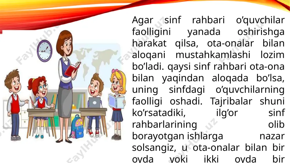 qoidaga qattiq amal qilgan joyda tarbiya bеrish uchun eng yaxshi sharoit yuzaga kеladi.. sinf rahbari maktabda va keng jamoatchilik orasida sinf o`quvchilarining (ota-onalari bilan birgalikda) tarbiyalanganlik darajasiga javobgar shaxs hisoblanadi. uning maqsadi har tomonlama etuk, barkamol-ma’naviy, aqliy, jismoniy rivojlangan shaxs tarbiyasini amalga oshirish, sinf o`quvchilarining qobiliyatlarini to`liq namoyon etishlari uchun etarli pedagogik sharoit yaratishdir. bu borada maktab pedagogik va o`quvchilar jamoasi hamkorligida tarbiyaviy ishlarni tashkil etishda har bir o`quvchining o`ziga xos xususiyatlariga qarab yondoshishni yo`lga qo`yadi image3.png image4.png image5.png image6.png image7.png image1.png /docprops/thumbnail.jpeg