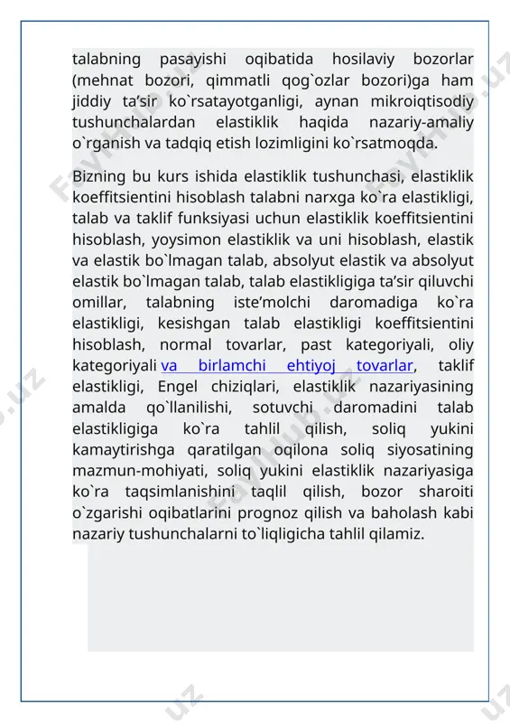 a talab esa o’sadi, bu o’z navbatida taklif qilinadigan mahsulotning miqdorini kamayishiga olib keladi, bunday holning takroran davom etishi toki muvozanat narx o’rnatilguncha davom etadi. bu erda biz har bir narxga ma’lum miqdorda mahsulot to’g’ri keladi va sotiladi hamda u yagona deb faraz qilamiz. bu faraz, bozor erkin raqobatlashgan bo’lgandagina ma’noga ega bo’ladi, qachonki bunday bozorda sotuvchi va xaridor bozor narxiga ta’sir qila olmaydi. agar taklif yagona ishlab chiqaruvchi (monopolist) tomonidan belgilansa, narx bilan, taklif qilinadigan mahsulot miqdori o’rtasidagi moslik bir qiymatli bo’la olmaydi. nima uchun deganda, monopolist talabning o’zgarishiga qarab, narxni o’z foydasiga moslashtirib o’zgartirishi mumkin. shu sababli biz talab va taklif chizig’ini chizganimizda, oshkora bo’lmasada, bozor erkin raqobatlashgan deb faraz qilamiz. talab va taklifning o’zgarishi talab va taklif chiziqlari, raqobatlashgan ishlab chiqaruvchilarga berilgan narxlarda qancha miqdorda mahsulot sotishi mumkinligini va iste’molchilarga esa berilgan narxlarda qancha miqdorda mahsulot sotib olishini ko’rsatib beradi. ammo shuni ham unutmaslik kerakki, talab bilan …