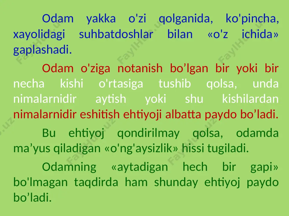 slikni va boshqa shu kabilarni atayin yoki beixtiyor namoyon qilishimiz mumkin. shu bilan birga, gapiruvchining intonatsiyasida uning holati ham, chari chaganligi, um um an hayajoni, o'ziga bo'lgan ishonchi yoki ishonchsizligi j va shu kabilar ham ifodalanadi. lirik she’rlar, ashulalar, romanlar, ariyalar singari nutq shakllarida odamlarning asosan xilma-xil his va tuyg'ulari ifodalanadi. turli hissiyotlar bizning og'zaki nutqimiz bilan birgalikda, odatda yuzi harakatlarimizda va imo-ishoralarimizda ham yorqin namoyon bo'ladi. nutqda bizning irodamiz maqsad-muddaomiz, istagimiz, niyatimiz, qarorimiz ham, shuningdek, iroda jarayonlarining ayrim sifatlari — qat’iyat va qat’iyatsizlik, dadillik, kishining o'zini tuta bilishi, kishidagi qunt va boshqa shu kabilar ham namoyon bo'ladi. nutq — biror nimani bildiruvchi vosita. odamning nutqida uning fikrlari va xilma-xil ichki holati — emotsional kechinmalari va irodasigina ifodalanib qolmasdan, shu bilan birga hamisha biror obyektiv narsa ham bildiriladi. sayrash va qichqirish tarzidagi xilma-xil tovush birikmalari hayvonlarda ham bo'ladi, lekin bu tovush birikmalari faqat tug'ma reaksiyalardir — tashqi yoki ichki ta’sir …