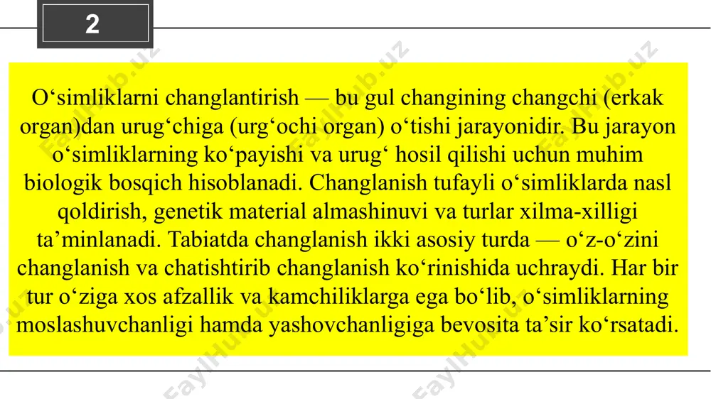 iyati: hosildorlikni oshirishda asosiy omillardan biri. samarali changlanmagan ekinlarda meva soni va sifati pasayadi. genetik xilma-xillikni ta’minlab, o‘simliklarning kasallik va zararkunandalarga chidamliligini oshiradi. qishloq xo‘jaligi mahsulotlarining sifati, massasi va saqlanish muddatiga ijobiy ta’sir ko‘rsatadi. asalarilar, chivinlar va boshqa changlatuvchi hasharotlar iqtisodiy jihatdan katta foyda keltiradi. sun’iy changlatish usullari: qo‘lda changlatish – gulchang maxsus cho‘tka yoki paxta yordamida bir guldan ikkinchisiga o‘tkaziladi (issiqxona va seleksiyada keng qo‘llanadi). mexanik changlatish – maxsus texnikalar yordamida chang havoga purkaladi va gullarga tarqatiladi (makkajo‘xori, bug‘doy kabi ekinlarda). hasharotlardan foydalanish – asalarichilik yoki maxsus changlatuvchi hasharot koloniyalari ekin maydonlariga joylashtiriladi. sun’iy shamollatish – ventilyator yoki shamol generatorlari yordamida chang tarqatiladi. qishloq xo‘jaligida changlanish jarayonini boshqarish va sun’iy changlatish usullarini qo‘llash hosildorlikni 20–50 % gacha oshirishi mumkin. image1.png image2.png image3.png image4.png image5.png image6.png image7.png image8.png /docprops/thumbnail.jpeg
