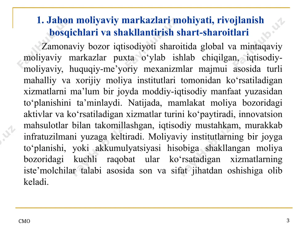 iga asoslangan parij (1867 y.), genuya (1922 y.), bretton-vuds (1944 y.) xalqaro valyuta tizimlari, jahon iqtisodiy inqirozi (1930 yillar), i va ii jahon urushi, xalqaro valyuta fondi va jahon banki tashkil etilishi bilan bog‘liq, asosan xalqaro moliyaviy markazlar taraqqiyotida global valyuta-moliyaviy beqarorlik aks etgan bosqichdir. to‘rtinchi bosqichda, ya’ni xx asrning 50 yillaridan 80 yillarigacha bo‘lgan davrda, asosiy moliyaviy markazlardan uzoqda joylashgan jahonning boshqa mintaqalarida xususan, osiyo mintaqasida ham moliyaviy va offshor markazlar paydo bo‘ldi. jahondagi ko‘plab mamlakatlar iqtisodiyotining ochiqligi kuchaydi, yevrovalyuta, yevrokapital xamda fond birjalari samaradorligi oshdi, moliyaviy markazlar tarkibi va faoliyatida shaffoflik ortdi. сmo 8 beshinchi bosqich. xalqaro moliyaviy markazlar rivojlanishining zamonaviy bosqichi bo‘lib, 1980 yildan hozirgacha bo‘lgan davrni o‘z ichiga oladi. bu davrda, jahon iqtisodiyotining globallashuvi va unda moliya sektorining roli ortdi, tarixan etakchi nyu-york va london global, singapur va gonkong esa xalqaro moliyaviy markaz maqomiga ega bo‘ldi yana yangi moliyaviy markazlar paydo bo‘lmoqda, ularning faoliyatida ixtisoslashuv va …