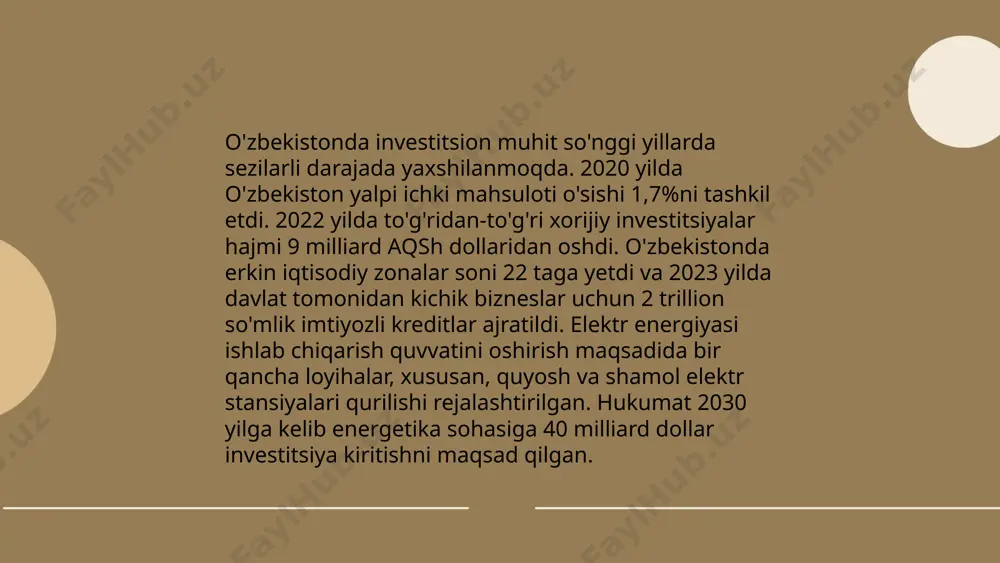 ajralib turadi. energetika, infratuzilma va texnologiyalar sohalariga qaratilgan loyihalar ustuvor ahamiyat kasb etadi. hozirda o'zbekiston hukumati investitsiya muhiti yaxshilash maqsadida soliq imtiyozlari va soddalashtirilgan litsenziya berish jarayonlarini taklif etmoqda. ushbu choralar sarmoyadorlar uchun qulay biznes muhitini yaratishga qaratilgan. ... t.me/slaydai_bot innovatsiyalar va investitsiyalar sohasida, o'zbekiston 2023-yilda innovatsion faoliyat uchun davlat tomonidan 1,5 trillion so'm ajratishni rejalashtirgan. yangi texnologiyalar va startaplarni qo'llab-quvvatlash maqsadida 50 dan ortiq akselerator va inkubator tashkil etilgan. investitsiyalar hajmi esa yillik 20% o'sishni ko'rsatmoqda. investitsiya loyihalari orqali 2023-yil oxirigacha 10 mingga yaqin ish o'rni yaratish maqsad qilingan. shuningdek, innovatsion texnologiyalar markazlari soni 25 taga yetkazildi. dasturiy mahsulotlar eksporti 200 million aqsh dollarini tashkil etmoqda. bu raqamlar innovatsiyalar hamda investitsiyalar orqali iqtisodiyotni diversifikatsiya qilish va rivojlantirishga intilishni ko'rsatadi. ... t.me/slaydai_bot 13. davlat siyosati va investitsiyalar 13. davlat siyosati va investitsiyalar haqida: o‘zbekiston hukumati 2022-yilda umumiy qiymati 23 milliard aqsh dollari bo‘lgan 300 dan ortiq investitsiya loyihalarini amalga oshirdi. …