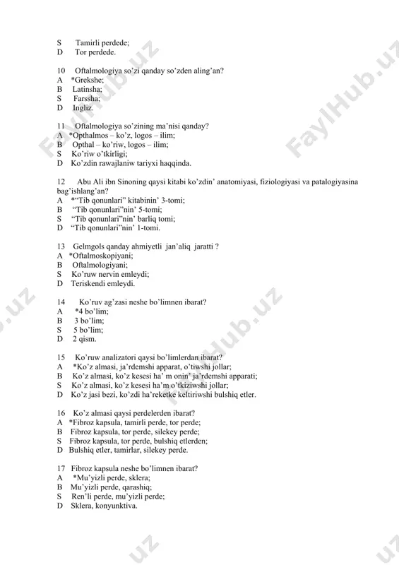 ni; s ko’ruw nervin emleydi; d teriskendi emleydi. 14 ko’ruv ag’zasi neshe bo’limnen ibarat? a *4 bo’lim; b 3 bo’lim; s 5 bo’lim; d 2 qism. 15 ko’ruw analizatori qaysi bo’limlerdan ibarat? a *ko’z almasi, ja’rdemshi apparat, o’tiwshi jollar; b ko’z almasi, ko’z kesesi ha’ m onin’ ja’rdemshi apparati; s ko’z almasi, ko’z kesesi ha’m o’tkiziwshi jollar; d ko’z jasi bezi, ko’zdi ha’reketke keltiriwshi bulshiq etler. 16 ko’z almasi qaysi perdelerden ibarat? a *fibroz kapsula, tamirli perde, tor perde; b fibroz kapsula, tor perde, silekey perde; s fibroz kapsula, tor perde, bulshiq etlerden; d bulshiq etler, tamirlar, silekey perde. 17 fibroz kapsula neshe bo’limnen ibarat? a *mu’yizli perde, sklera; b mu’yizli perde, qarashiq; s ren’li perde, mu’yizli perde; d sklera, konyunktiva. 18 ko’z ishki ortalig’in aniqlan’ a *ko’z ishi suyiqlig’i, ga’whar, shisha ta’rizli dene; b sirtqi perde, ga’whar; s tamirli perde, shisha ta’rizli perde; d tor perde. 19 belokli perde …