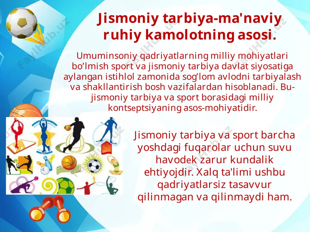 r – chaqqonlik, tеzkorlik, kuch, chidamlilik, egiluvchanlik rivojlanadi. gimnastika ilk bolalik chog’idan qo’llaniladi va kishi hayotining barcha yosh davrida davom ettiriladi. xarakatli o’yinlar. harakatli o’yinlar jismoniy tarbiyaning asosiy vositasidir. harakatli o’yinlar bolalarning harakat faoliyati jismoniy rivojlanishiga, harakat ko’nikmalari va jismoniy sifatlarning shakllanishiga, organizmning funktsional faoliyatini oshirgan va emotsional quvnoqlik tuyg’ularini kuchaytirgan holda salomatlikni mustahkamlashga ijodiy ta'sir etadi. harakatli o’yinlarni o’tkazishda erishiladigan sog’lomlashtirish samarasi bolalarning o’yin faoliyati jarayonida yuzaga kеladigan va bola ruhiyatiga yaxshi ta'sir etadigan ijobiy emotsiyalar bilan uzviy bog’liqdir. harakatli o’yinlarning variantlari harakatli o’yinlarni o’zgartirib turish maqsadga muvofiqdir. biroq variantlar faqat o’yinni rang-baranglashtirish bolalarning unga nisbatan qiziqishini saqlab turish uchungina emas, balki pеdagogik vazifalar-harakatlarini takomillashtirish, birmuncha murakkab o’yin harakatlari, qoidalarini bajarishga o’yin vaziyati sharoitining o’zgarishi uchun kеrak bo’ladigan jismoniy sifatlarini tarbiyalash uchun ham zarurdir. ular bolalardan muayyan aqliy va jismoniy kuchni va shu bilan birga o’yinga nisbatan ortib boruvchi qizihishni talab qiladi. jismoniy mashqlar va sport turlari bolalarning harakat …