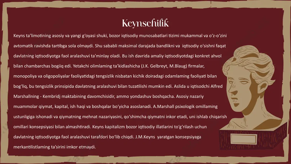 pi bilan to‘ldirdilar. bu prinsipga ko‘ra aniq sharoitlarda daromadlar o‘sishi investitsiyalar o‘sishiga olib kelishini ko‘rsatuvchi koeffitsiyntga tengdir. multiplikator prinsipiga ko‘ra investitsiyaning qanday ishlatilishi unchalik ahamiyatga ega emas, u ish bilan bandlikni ta’minlab, daromadni oshirishi kerak. yangi keynschilar esa investitsiyaning qanday ishlatilishiga katta e’tibor berib, industrlashgan investitsiya tushunchasini kiritdilar. akselerator investitsiya o‘sishining daromad o‘sishiga, ya’ni investitsiyadan keying va undan oldingi daromadlaming farqlari nisbati bilan aniqlanadi. yangi prinsipning mohiyati shundaki, ba’zi bir asbob-uskuna, mashina va mexanizmlar ishlab chiqarish uchun nisbatan uzoq vaqt talab etiladi, shu muddatni kutish mazkur mashinalar ishlab chiqarishni kengaytirishga psixologik (ruhiy) ta’sir etadi, bu esa real talabdan ortiq bo‘ladi va investitsiyaga talab ham ortadi. tayanch so’zlar: keyns ta’limoti- iqtisodiyotning o‘z- o‘zini tartibga solishiga layoqatliligi to‘g‘risidagi hukmron qarashdan voz kechib, makrodarajada uni davlat tomonidan tartibga solish zarurligini asosladi. multiplikator- daromadning o‘sishi va mazkur o‘sishni vujudga keltirgan investitsiyalar hajmi ortishi o‘rtasidagi nisbatni ifodalovchi koeffitsiyent. postkeynschilar- iqtisodiy siyosatda iqtisodiyotni tartibga solish mexanizmini …