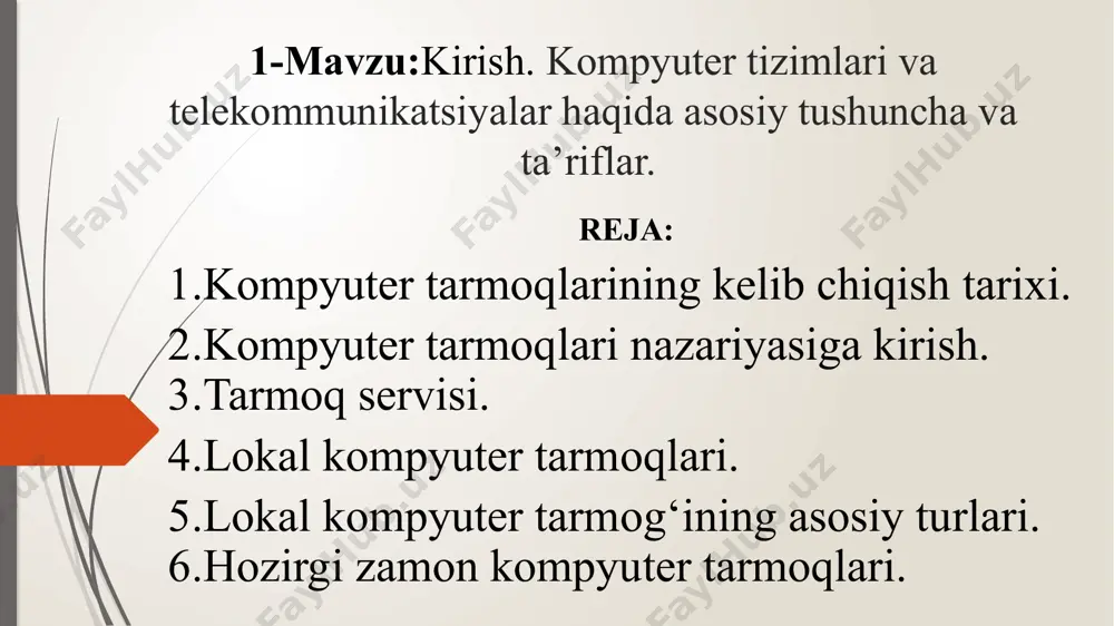ilar uchun mo‘ljallangan bo‘lishi kerak.hozirda shunday dasturiy ta’minot tuzishning ikki xil asosiy tamoyili joriy etilgan. birinchi tamoyilda tarmoqning dasturlashtirilgan ta’minoti ko‘pgina foydalanuvchilarga xamma kirishi mumkin bo‘lgan bo‘sh kompyuter resurslarini taqdim etishga muljallangan.u fayl-server deb yuritiladi. kompyuterning asosiy resursi fayllar bo‘lgani uchun u shu nomni olgan. bu dasturli modullar yoki ma’lumotlarga ega fayllar bo‘lishi mumkin. tarmoqning dasturiy ta’minoti. ikkinchi tamoyil “klient-server” arxitektura deb ataladi.uning dasturiy ta’minoti resurslardan jamoa bo‘lib foydalanishgagina mo‘ljallanib qolmay, ularni qayta ishlash va foydalanuvchi talabiga ko‘ra resurslarni joylashtirishga mo‘ljallangan.«klient-server» arxitekturalar dasturi tizimi ikkita bo‘linmadan iborat:serverning dasturli ta’minoti va foydalanuvchi - mijozning dasturiy ta’minoti.bu tizimlar ishi quyidagicha tashkil qilinadi:mijoz-dasturlar foydalanuvchining kompyuterida bajariladi va umumiy kirish kompyuterida ishlaydigan dastur - serverga so‘rov jo‘natiladi. world wide web (qisqacha web yoki www) ni tushunadi. internet sovuq urush mahsuli hisoblanadi.uni yaratilishiga yadro zarbalaridan qisman zararlanganda ham ishlay olishga mo’ljallangan tajribaviy aloqa sistemasi sifatida xx asrning 70-yillari boshlarida aqsh mudofaa vazirligi tomonidan ishlab chiqilgan …