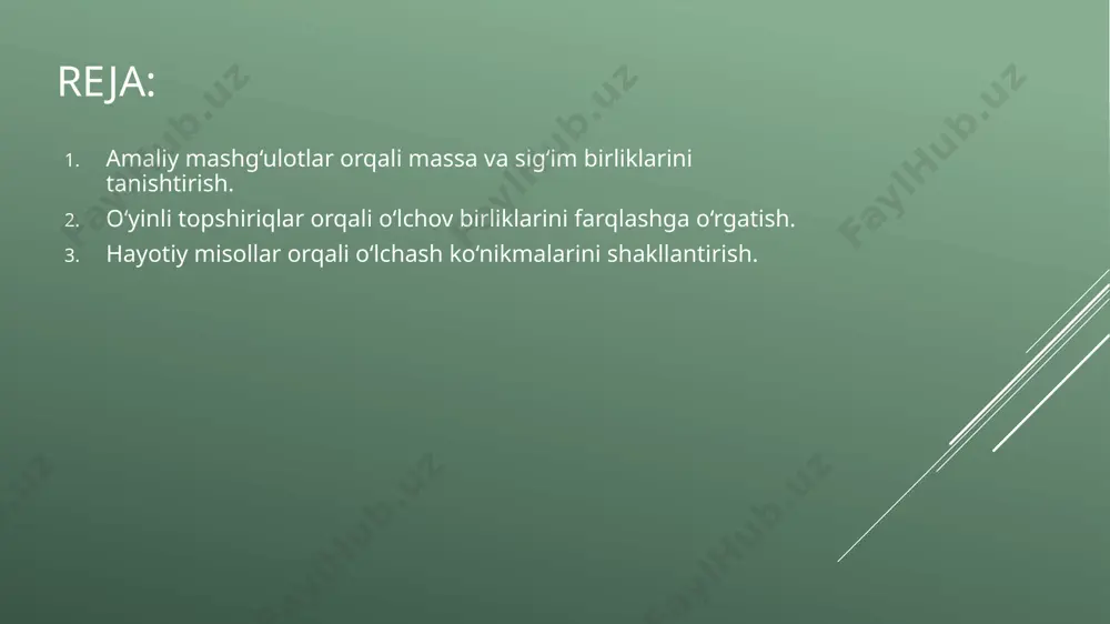 ov vositalari va narsalar beriladi. ular o‘yin davomida narsalarni tortish yoki suv miqdorini o‘lchash orqali o‘lchov birliklarini farqlashni o‘rganadi. massa birliklarini far= farqlash: o‘quvchilarga turli og‘irlikdagi narsalar beriladi, masalan, olma, kitob yoki kichik sumka. ular tarozidan foydalanib, bu narsalarni tortadi va og‘irlikni gramm yoki kilogrammda aniqlaydi. keyin guruhlar o‘z natijalarini taqqoslaydi va qaysi narsa eng og‘ir yoki eng yengil ekanligini muhokama qiladi. sig‘im birliklarini farqlash: o‘quvchilarga turli hajmdagi idishlar va suv beriladi. ular litr va millilitr birliklarini ishlatib, idishlarni suv bilan to‘ldiradi va hajmlarni solishtiradi. masalan, bir guruh bir litr suvni kichikroq idishlarga bo‘lib, har bir kichik idishning sig‘imini o‘lchaydi. farqlash bo‘yicha o‘yinlar: o‘quvchilar o‘lchov birliklarini farqlash bo‘yicha kichik musobaqa tashkil etiladi. masalan, ularga bir nechta idish va narsalar berilib, qaysi biri litr yoki qaysi biri kilogramm bilan o‘lchanishini aniqlash topshiriladi. to‘g‘ri javob bergan guruhlar rag‘batlantiriladi. natijalarni muhokama qilish: o‘yin oxirida o‘quvchilar o‘z natijalarini sinf bilan baham ko‘radi. ular qaysi …