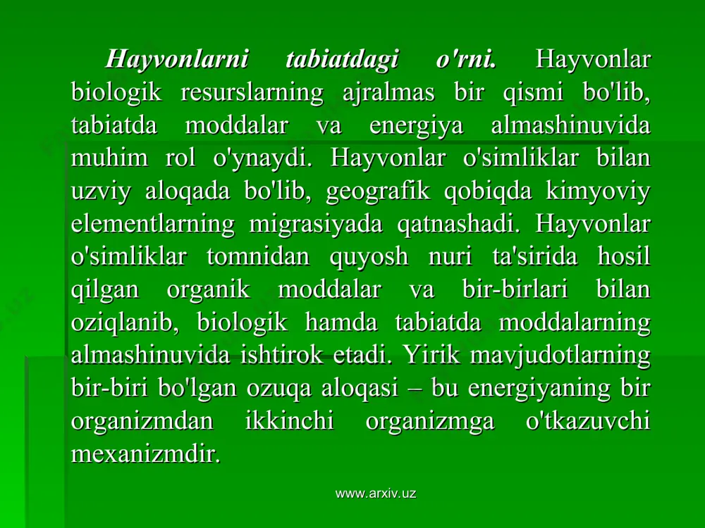 o`simliklar yer yuzidagi hayotning asosi hisoblanadi. www.arxiv.uz www.arxiv.uz o`simliklar biomassasining asosiy qismini o`rmonlar tashkil qiladi. o`rmon maxsulotlarisiz birinchi navbatda yog`och maxsulotlarisiz odamlar hayotlarini tasavvur qilish qiyin. yog`ochdan 20 mingga yaqin turli maxsulotlar olinadi. o`rmonlar daryodagi suv hajmini tartibga solishda, tuproqni erroziyadan saqlashda, atmosferada balansini boshqarishda, binobarn yerdagi tirik organizmlar uchun zarur sharoitlarni yaratishda juda muhim rol o`ynaydi. o`rmonlar tabiatdagi iqlim va suv balansini boshqaruvchi omildir. o`rmon va daraxtzorlarning qishloq xo`jaligi uchun ahamiyati juda katta. ular maydonlardagi iqlimni yaxshilaydi. suv bug`lanishi kamaytiradi va hosildorlikni oshiradi. daraxtlar o`g`it va ximikatlar oqimini to`xtatadi va ulardan tuproqni tozalaydi. www.arxiv.uz www.arxiv.uz o`rmonlarning umumiy maydoni 4.1 mlrd ga yaqin. quruqlikning 33 % ni tashkil qiladi. o`zbekistonda o`rmonlar maydoni 937 ming g, lekin yerning yashil qobig`i to`xtovsiz qisqarib bormoqda. keyingi 10 ming yil ichida yer sharidagi o`rmonlarning 2/3 qismi kesib yo`qotildi. ayniqsa aholi zich yashaydigan rayonlarda. natijada 500 mlndan ortiq yerlar hosilsiz cho`lga aylandi. o`rmonlarning tartibsiz kesilishi …