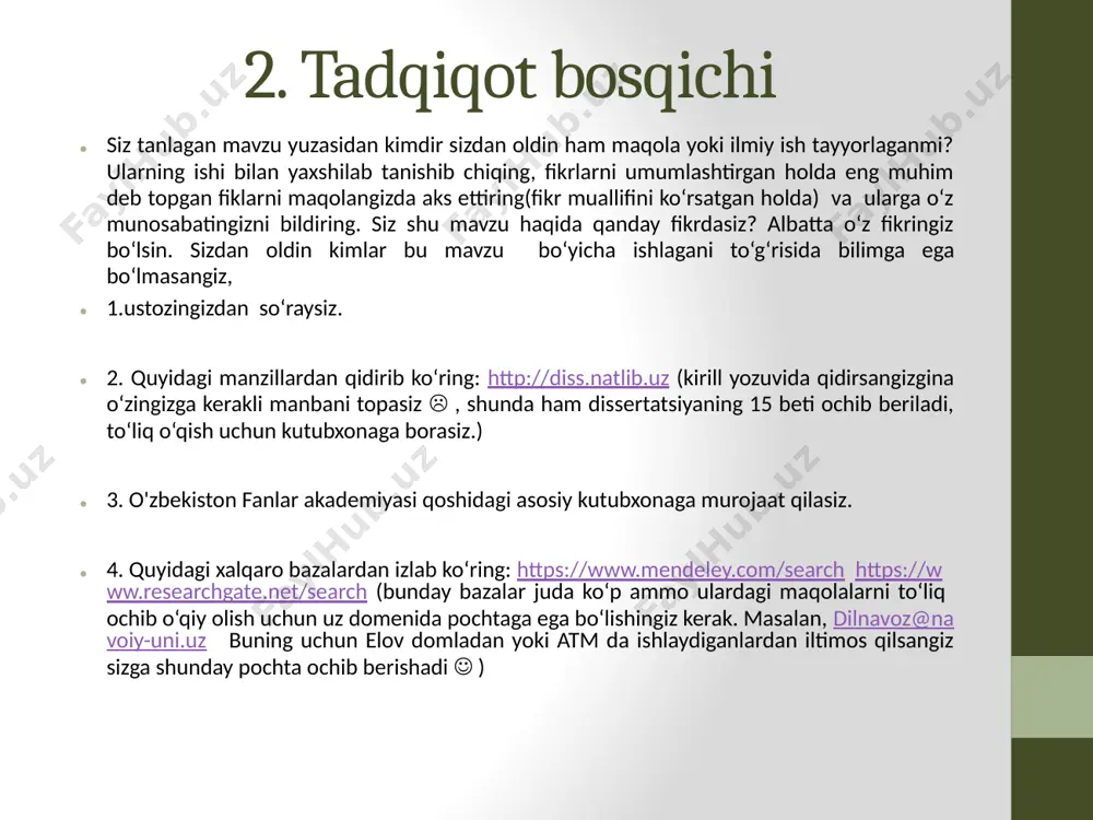 mla_style/mla_formatting_and_style_guide/mla_in_text_citations_the_basics.html harvard (havola berishning garvard formati) https://www.mendeley.com/guides/harvard-citation-guide apa (american psychological association) https://owl.purdue.edu/owl/research_and_citation/apa_style/apa_formatting_and_style_guide/in_text_citations_the_basics.html (bu havolar orqali tizim haqida batafsil bilib olishingiz va avtomatik havola generatoridan foydalanishingiz mumkin generatorga kerakli ma’lumotlarni yozasiz uning o‘zi tizim bo‘yicha tartiblab yozib beradi. tayyor havolani adabiyotlar ro‘yxatiga ko‘chirib qo‘yasiz) apa tizimida havola berish tartibi 1. bu tizimda muallif nomi, nashr etilgan yil va biz fikr olgan sahifa matn ichida oddiy qavs bilan beriladi. masalan, talabalar ilk bora apa tizimidan foydalanganda qiyinchiliklarga duch kelishadi. (najimova, 2022, 10-bet) agar muallif ikkita, 3 ta, 4 va undan ortiq bo‘lsa quyidagicha beriladi: (najimova, rustamova, 2022, 10-bet) (najimova, rustamova va karimova, 2022, 10-bet) (najimova va boshq, 2022, 10-bet) muallif fikrini aynan keltirmaganda quyidagicha yozish mumkin: najimovaning (2022) ta’kidlashicha, talabalar ilk bora apa tizimidan foydalanganda qiyinchiliklarga duch kelishadi (10-bet). apa tizimida havola berish tartibi agar bir muallifning bir necha ishidan foydalanilsa bu a, b, c yozuvlari bilan ajratib beriladi: (najimova, 2022a) yoki …