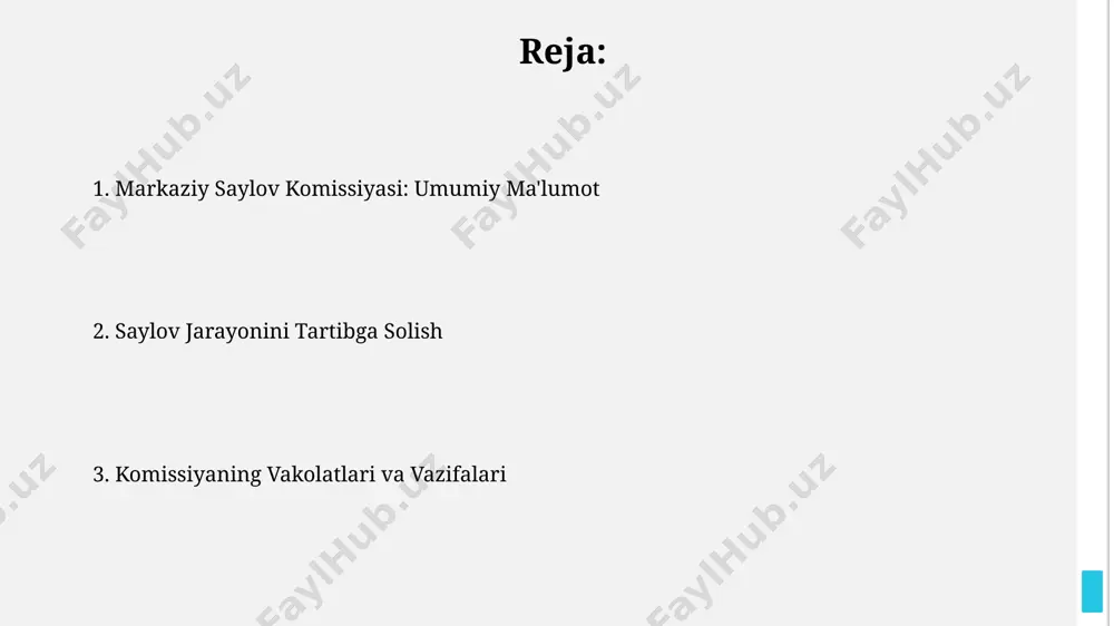 n ortiq moddalariga muvofiq ish olib boradi. ovoz berish jarayoni va kuzatuvchilar ovoz berish jarayonini kuzatish uchun 500 dan ortiq mahalliy va xalqaro kuzatuvchilar akkreditatsiyadan o'tgan bo'lib, ularning faoliyati oav orqali onlayn tarzda kuzatib boriladi. ovozlarni sanash jarayoni ochiq va shaffof bo'lib, unda 3-5 nafar saylov komissiyasi a'zolari va kuzatuvchilar ishtirok etadi, bu jarayon davomida maxsus protokollar rasmiylashtiriladi. saylov kampaniyasi va saylov tashviqoti noqonuniy saylov tashviqoti, masalan, soxta axborot tarqatish yoki poraxo‘rlik, 3 yilgacha qamoq jazosi bilan jazolanadi va saylov natijalariga jiddiy ta'sir ko'rsatishi mumkin. saylov kampaniyasi davomiyligi o‘zbekiston respublikasida odatda 2 oyni tashkil etadi va unda nomzodlar 15 dan ortiq saylov okruglarida ovoz to‘plash uchun faol ishtirok etadi. ovoz berish huquqi va saylovchilar ro'yxati saylovchilar ro‘yxati har 5 yilda yangilanib, uyma-uy yurish orqali to‘ldiriladi va bu jarayonda kamida 150 ming nafar ko‘ngilli ishtirok etadi, ro‘yxatdagi xatolar sonini minimallashtirish uchun maxsus komissiyalar tuziladi. ovoz berish huquqiga ega bo‘lgan shaxslarning umumiy …