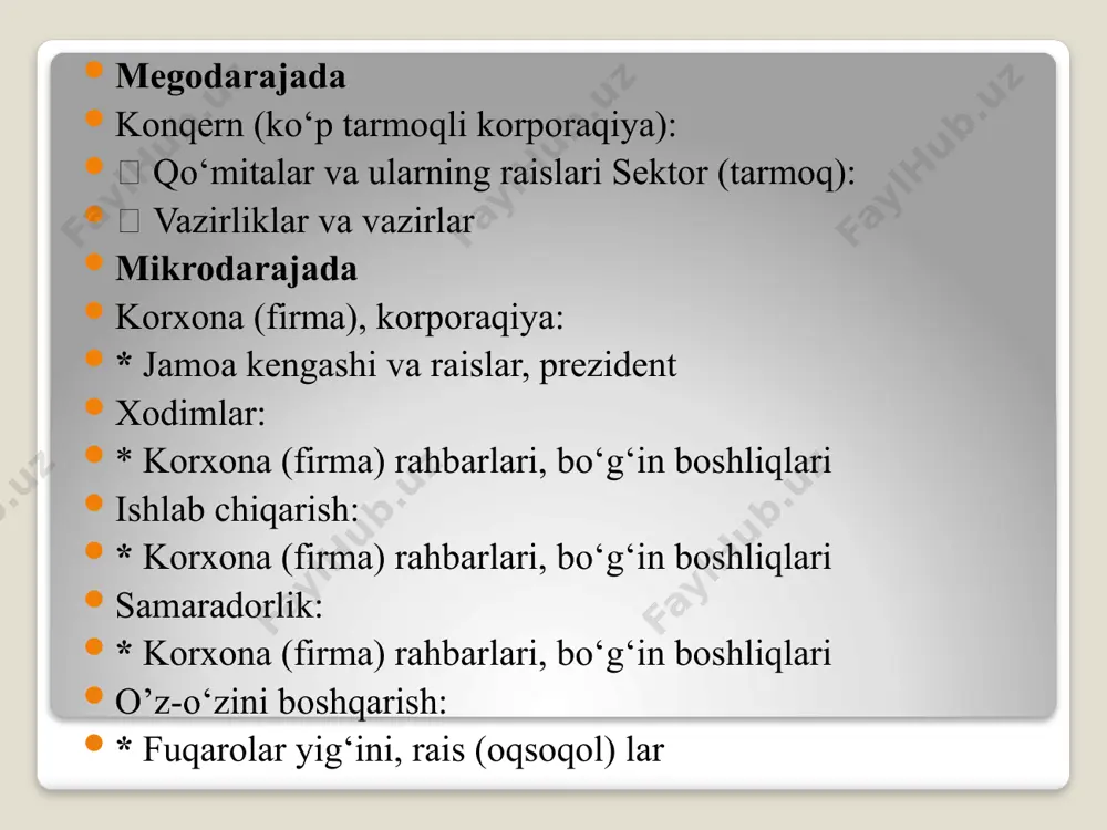 i aniqlash oson emas. ilmiy boshqaruv maktabi menejmentni ilmiy maktabi ekan. xix asrning 80-90 yillarida aqshda vujudga kelgan. menejmentni ilm tariqasida ilk bor amerikalik mutahassis f. teylor (1856-1915) ko‘rib chiqdi, u ilmiy boshqaruvning harakatiga rahbarlik qildi. u inson samadorligi bilan emas, tashkilot faoliyatining samaradorligi bilan qiziqdi. ilmiy boshqaruv kontsepsiyasini yaratish bilan menejment mustaqil ilmiy tadqiyoqot sohasi deb tan olindi. teylor tizimning mohiyati quydagi uchta muhum shartga bo‘y sunib ular keyinchalik boshqaruv nazariyasining rivojlanishiga asos bo‘lib hizmat qiladi: - ratsional tashkilot mehnati, “ish o‘rganishi”ni asosida, ya’ni alohida operatsiya hisobga olish va o‘lchash, ishchilarini o‘qishiga va mashg‘ulotiga qarab, to‘g‘ri qo‘yib chiqish; - tashkilotini rasmiy tuzilmasini ishlab chiqish, ya’ni mehnat ijro va taqsim mehnatlariga ajratish; - ishchi va boshqaruvchi hamkorligi bo‘yicha me’yorlarni belgilash. bu antoganistik munosabatlar o‘zaro yordamga asoslangan. f. teylor o‘zining ishlarida mehnatni ilmiy tashkilashtirishning xronometraj, qabul qilish standartlari va mehnat qurollarini o‘rganib chiqishga asoslangan bir qator usullarini ishlab chiqdi. uning asosiy …