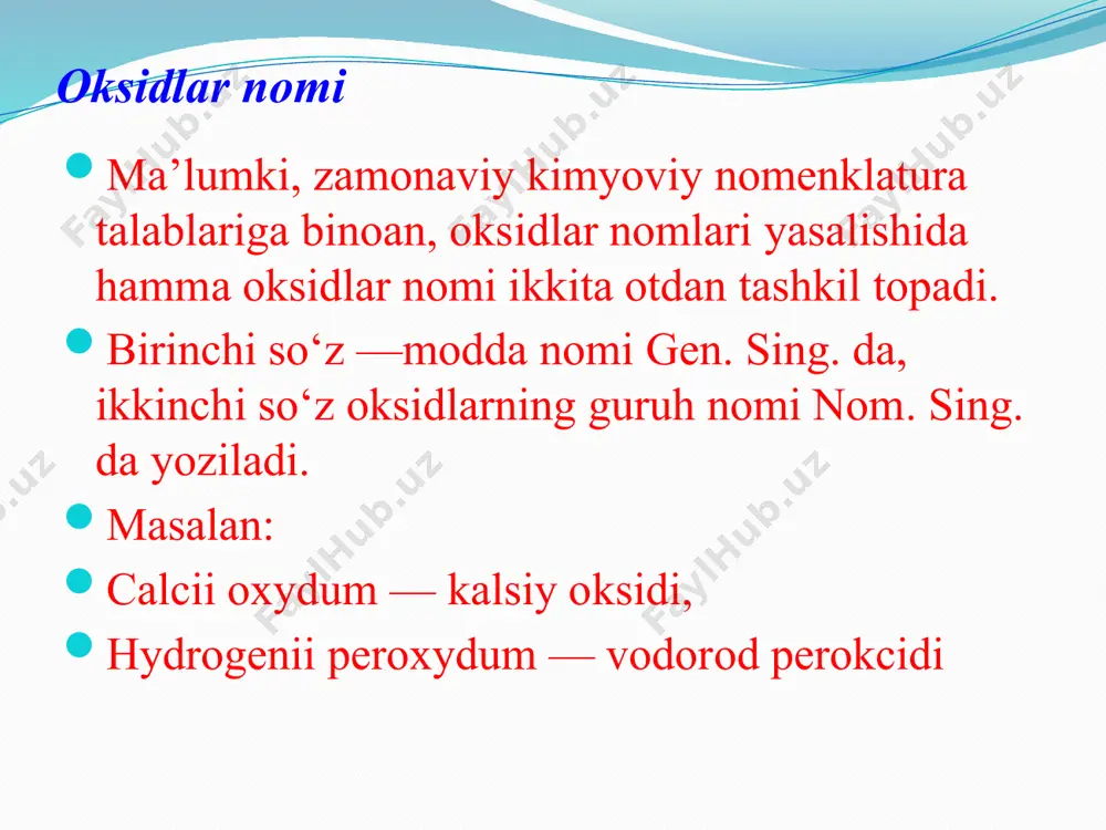 shin chala oksidi –plumbum oxydulatum kalsiy peroksidi –calcii peroxydum borat gidroksidi –barii hydroxydum simob oksidi –hydrargyri oxydum magniy peroksidi –magnii peroxydum azot chala oksidi –nitrogenium oxydulatum tuzlar nomi tuzlar nomi ikkita otdan iborat bo‘ladi. kation nomi ot bilan ifodalanib, gen.sing. shaklida birinchi o‘rinda moslashmagan aniqlovchi shaklida, anion nomi ham ot bilan ifodalanib nom.sing. shaklida ikkinchi o‘rinda turlanuvchi ot shaklida yoziladi. kalii permanganas –kaliy permanganat natrii chloridum –natriy xlorid tuzlar nomi jumladan, kalsiy xlorid tuzi lotin tiliga tarjima qilinganda, avval kalsiy –calcium,i,n so‘zi gen.sing.da calcii shaklida, so‘ngra xlorid –chloridum,i,n so‘zi nom.sing.da yoziladi va quyiagi ko‘rinishga ega bo‘ladi: calcii chloridum –kalsiy xlorid tuzlar nomi anionlar nomi tarkibidagi kislorod miqdoriga qarab farqlanadi. 1. tarkibida kislorod ko‘p bo‘lgan kislotali tuzlarni ifodalovchi anionlar nomi -as (-atis) so‘z yasovchi qoshimchasi yordamida hosil qilinadi: nom.sing.da gen.sing.da tarjimasi kalii sulfas kalii sulfatis kaliy sulfat tuzlar nomi 2. tarkibida kislorod kam bo‘lgan kislotali tuzlarni ifodalovchi anionlar nomi –is (-itis) …